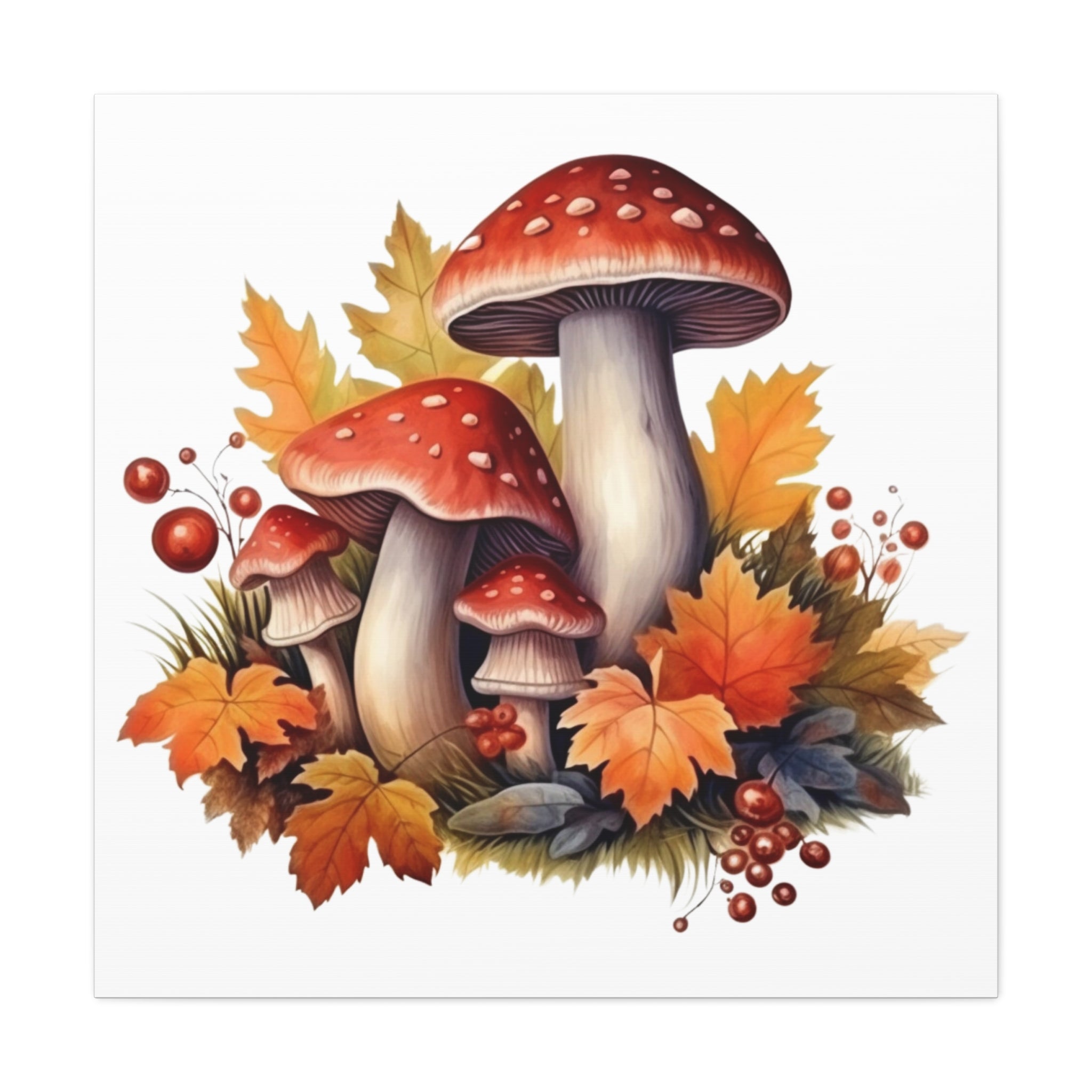 Crimson Grove – Autumn Mushrooms & Foliage Illustration on Floral Canvas Wall Art