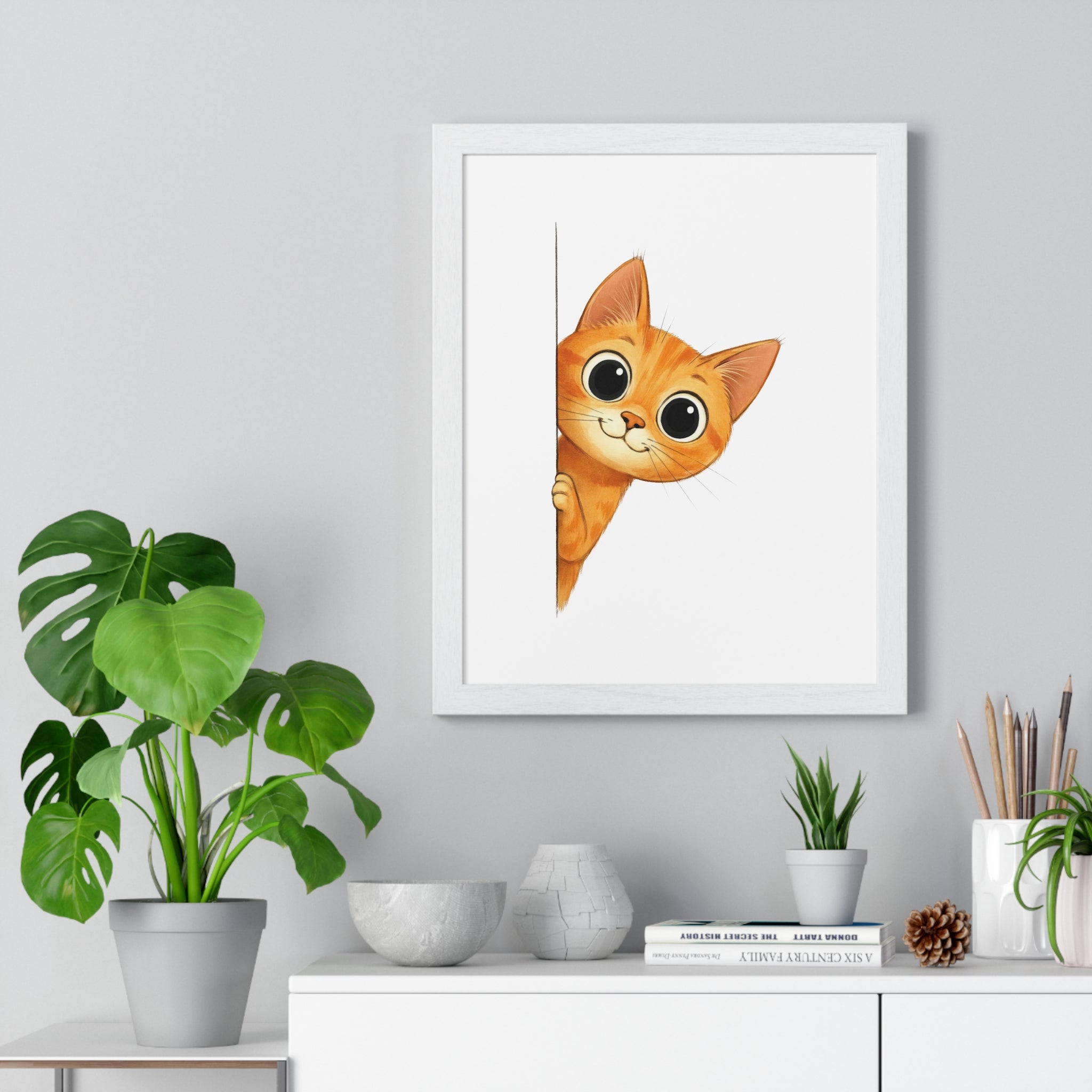 Peekaboo Orange Cat Wall Art – Wooden Frame Decor for Kids & Cat Lovers