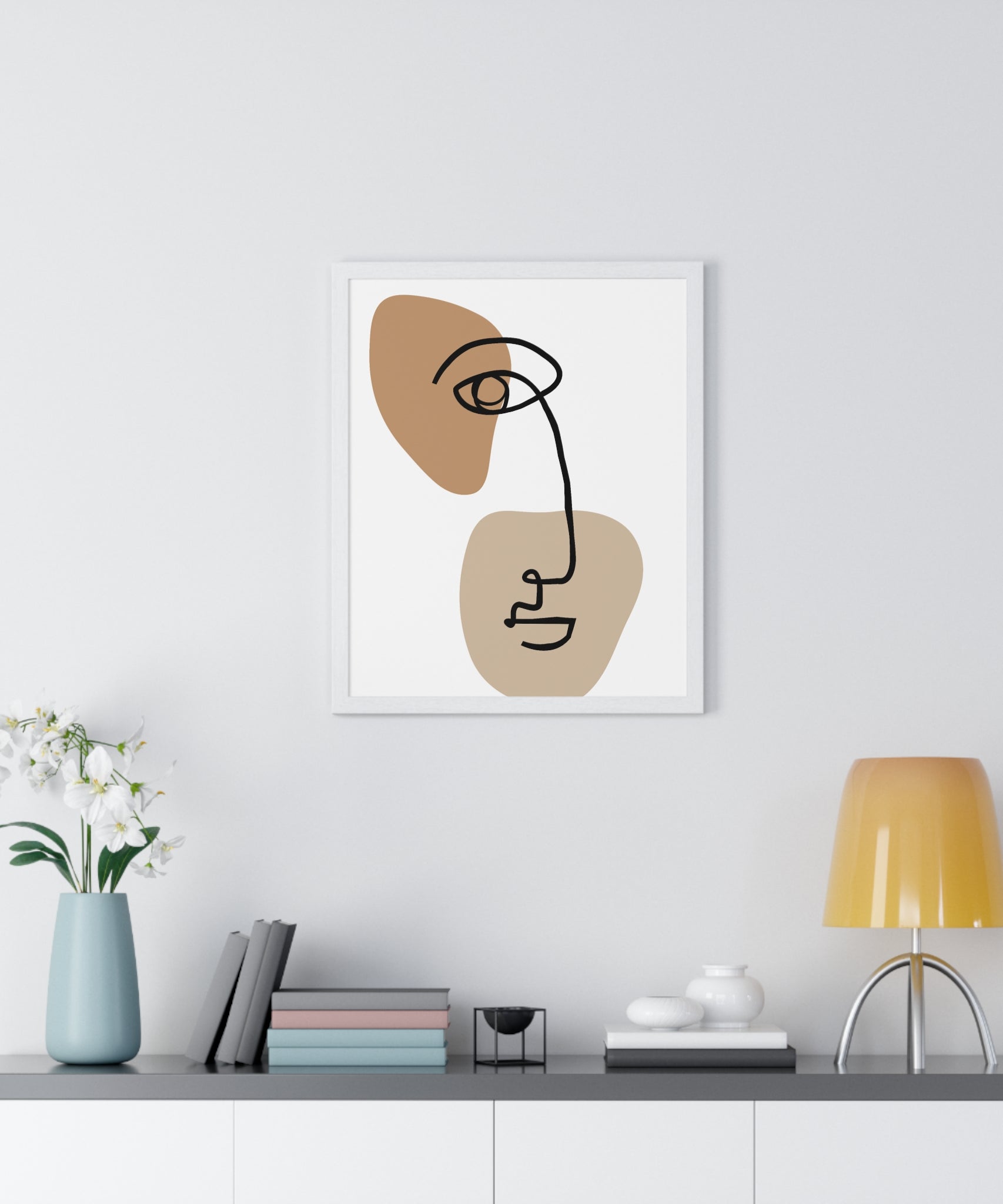 Abstract Face Line Drawing – Wood Frame Poster