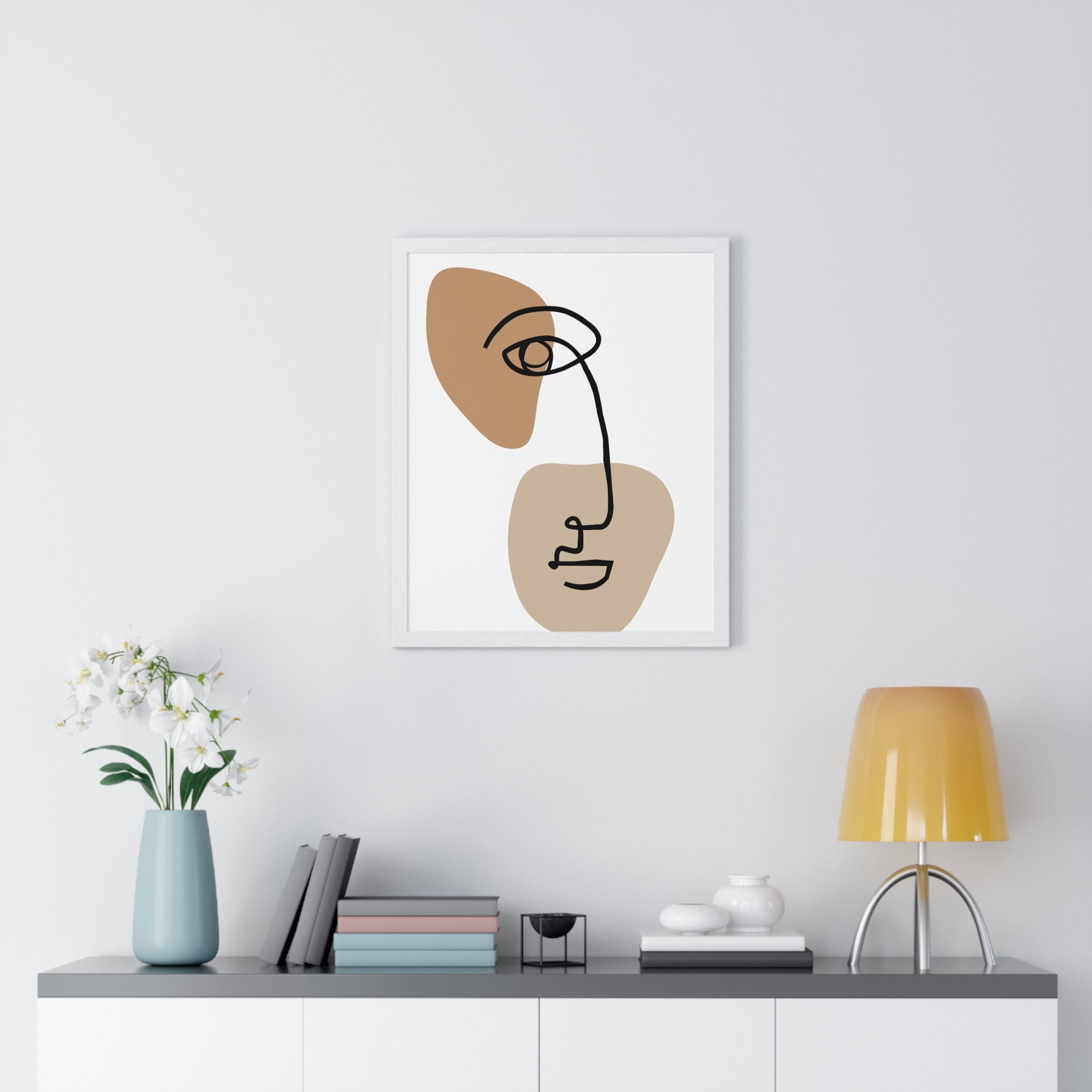Abstract Face Line Drawing – Wood Frame Poster