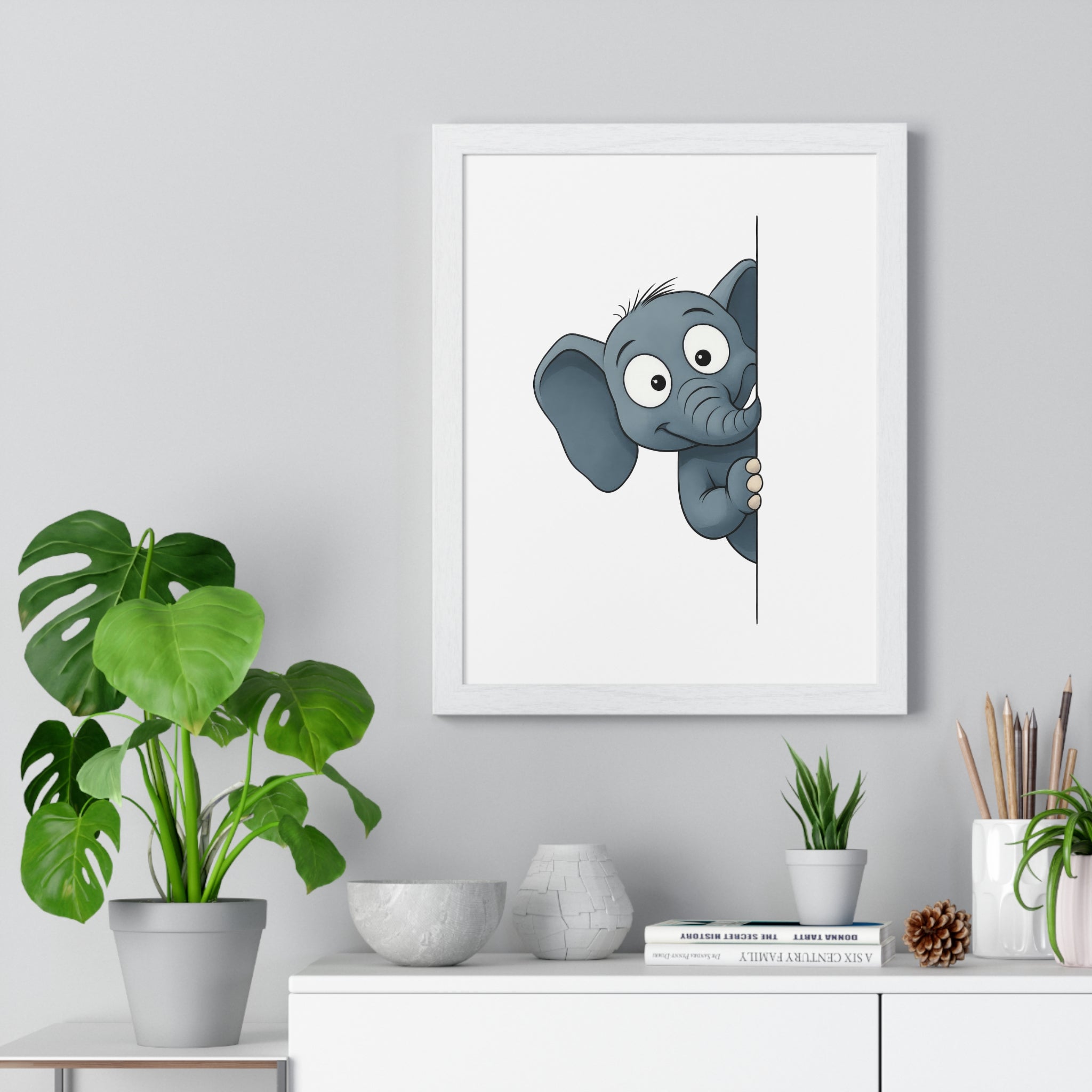 Peeking Pachyderm Wooden Wall Frame – Playful Elephant Art for Kids' Rooms & Animal Lovers