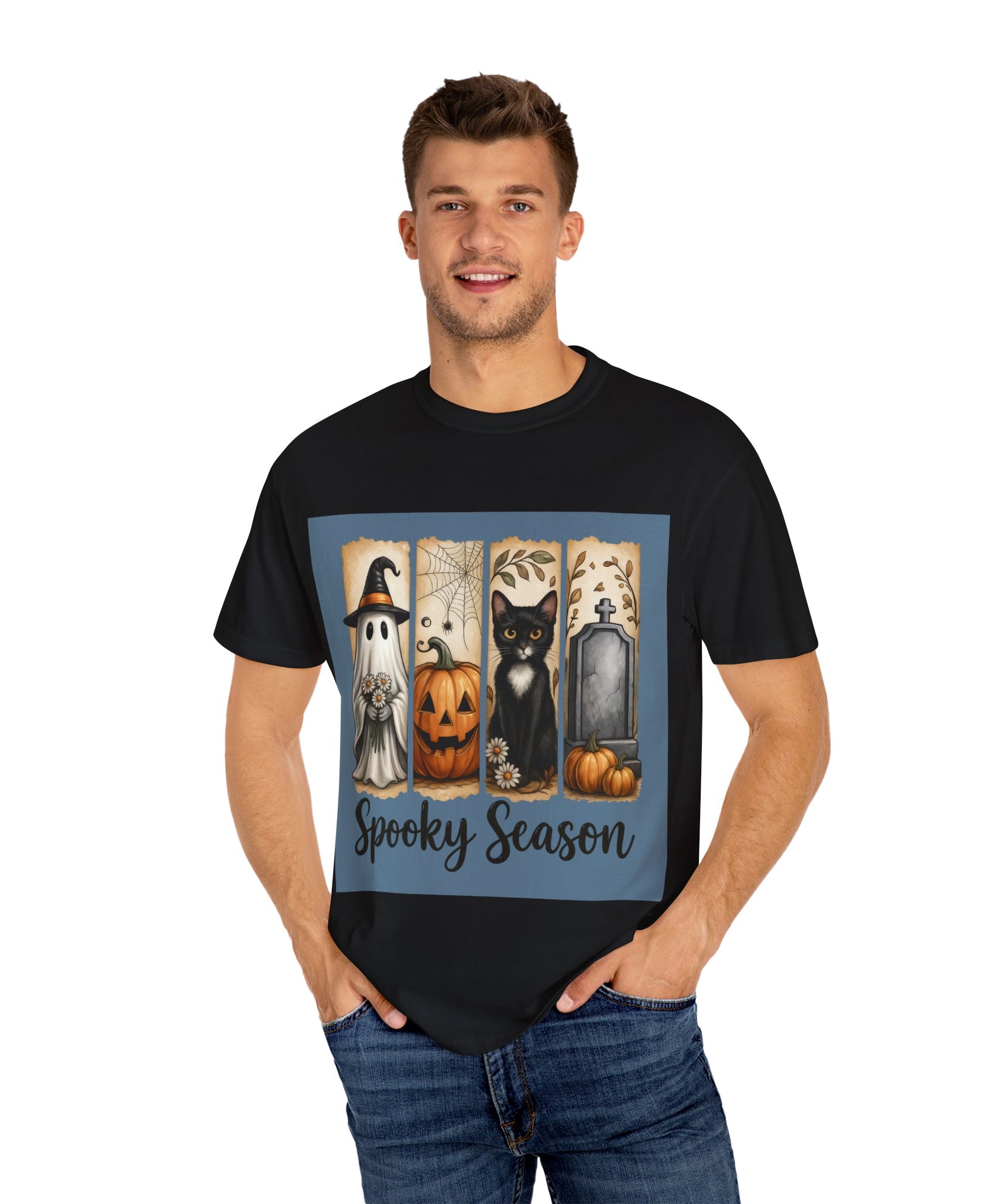 Spooky Season Halloween Unisex T-Shirt – Ghost, Cat & Pumpkin Design - Gallory Hive