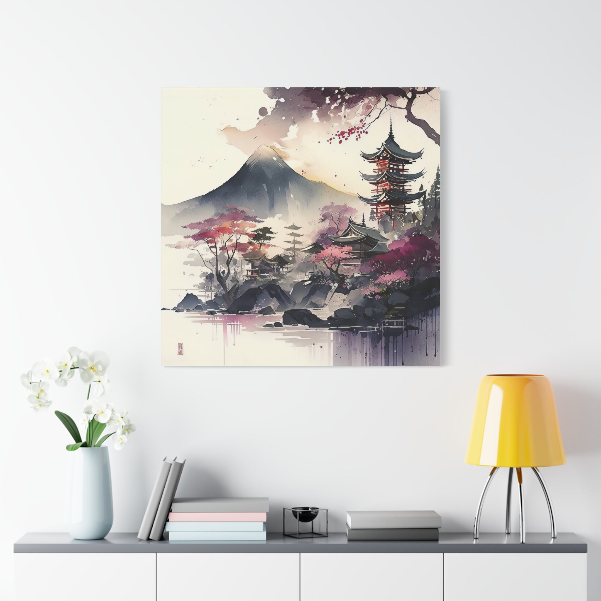 Japanese Watercolor Landscape Wall Art – Mount Fuji & Pagodas with Cherry Blossoms, Floral Canvas Print, Asian-Inspired Home Decor - Gallory Hive