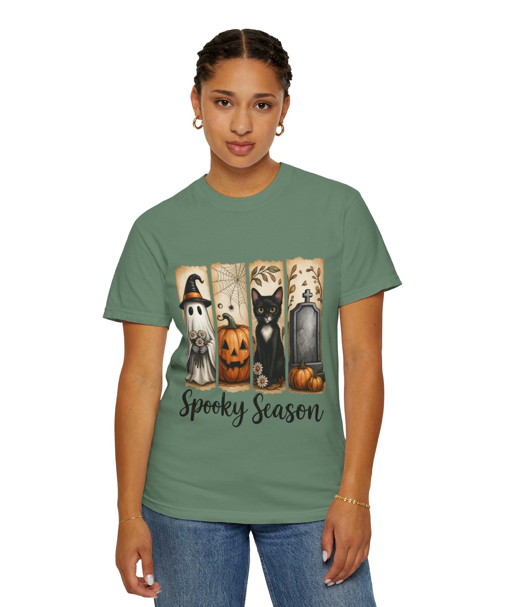 Spooky Season Halloween Unisex T-Shirt – Ghost, Cat & Pumpkin Design - Gallory Hive