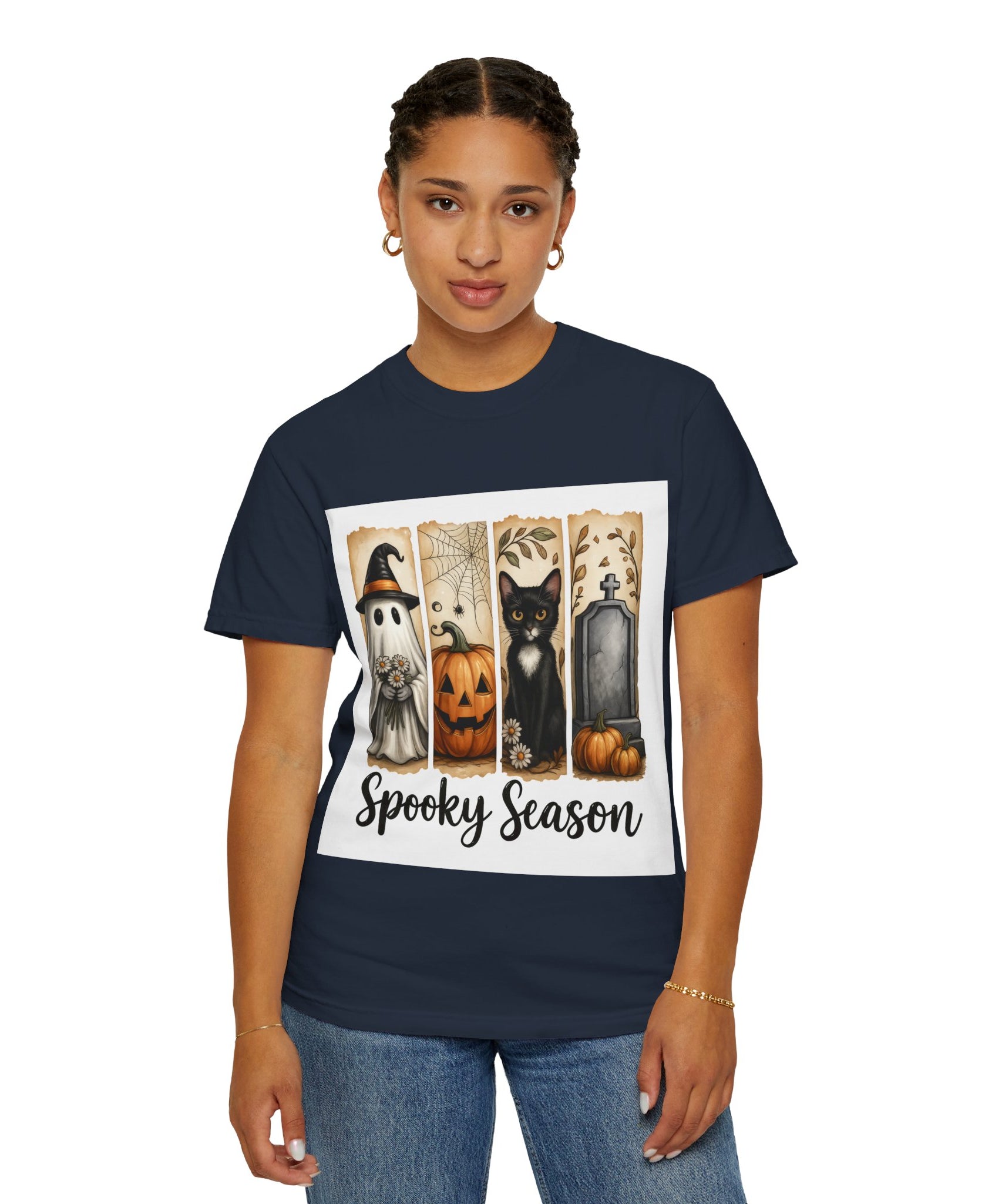 Spooky Season Halloween Unisex T-Shirt – Ghost, Cat & Pumpkin Design - Gallory Hive