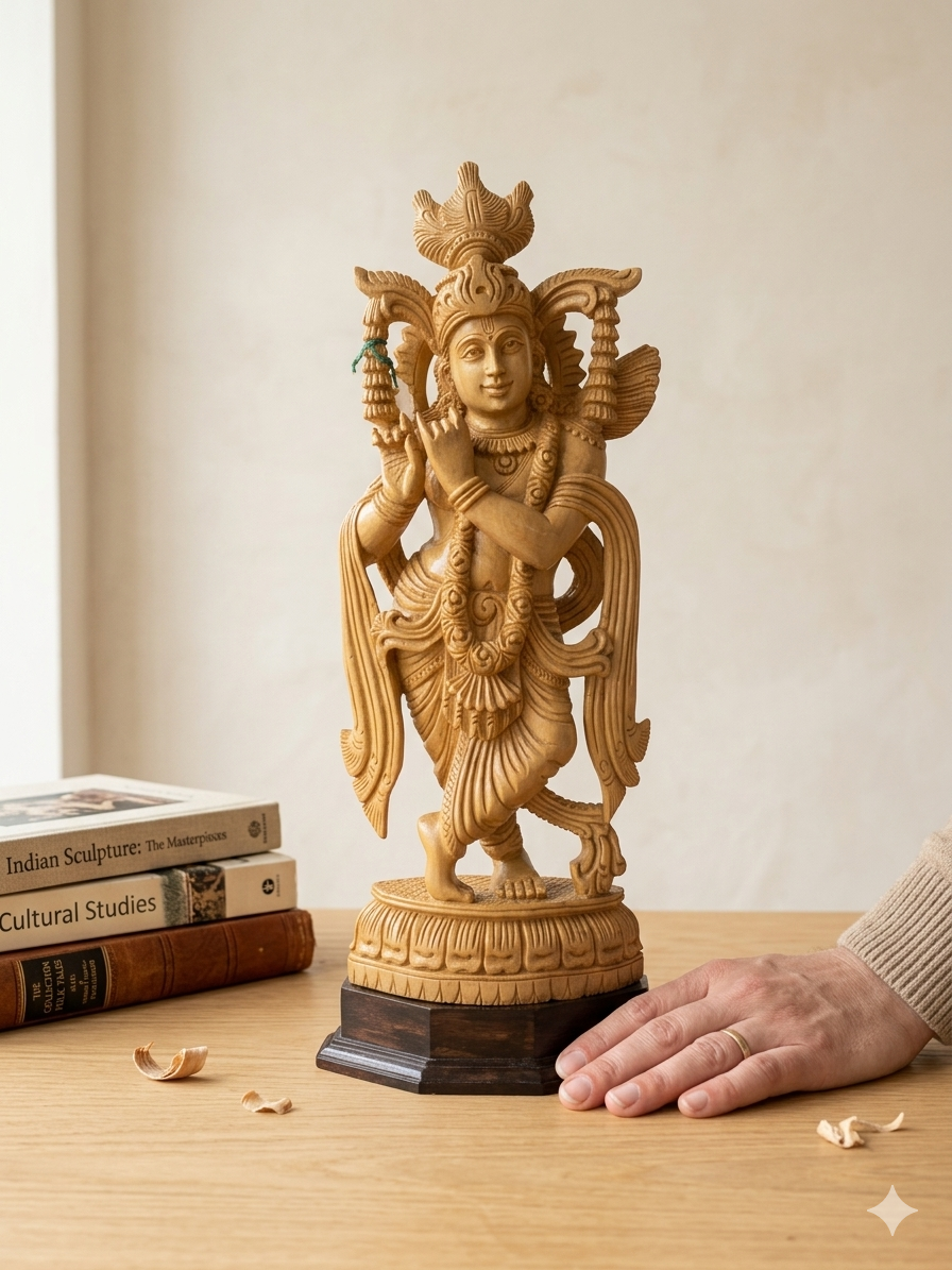 Handmade Standing Krishna Wooden Sculpture | Gallory Hive