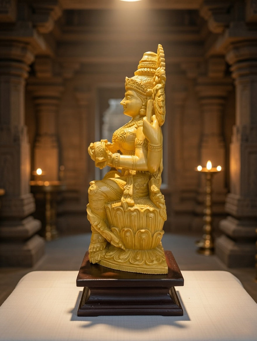 Handmade Sitting Saraswati Wooden Sculpture | Gallory Hive