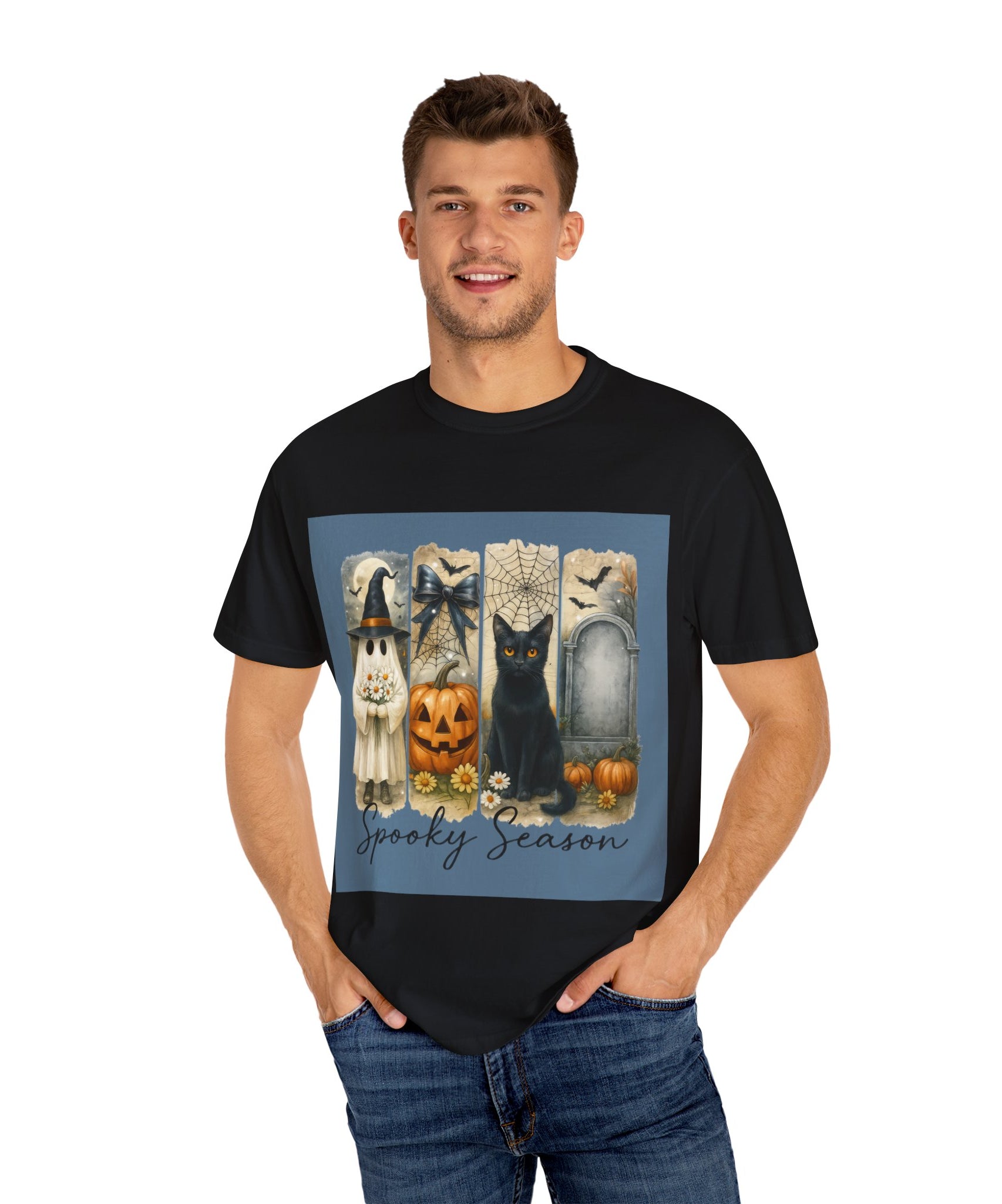Spooky Season Halloween Unisex T-Shirt – Ghost, Black Cat & Pumpkin Design - Gallory Hive