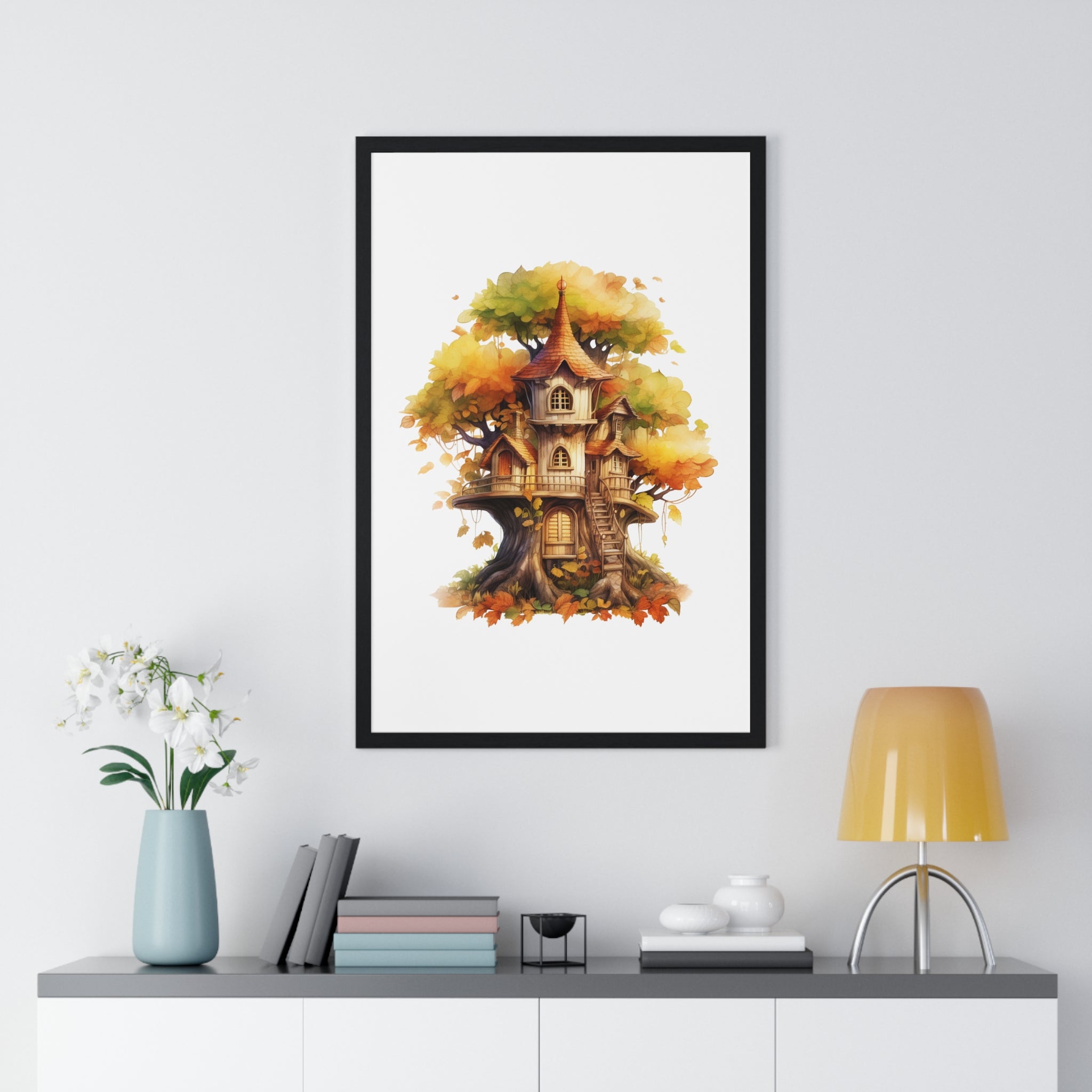 Fantasy Autumn Treehouse Wall Art – Multi-Level Woodland Cottage with Fall Leaves | Wooden Frame Seasonal Decor