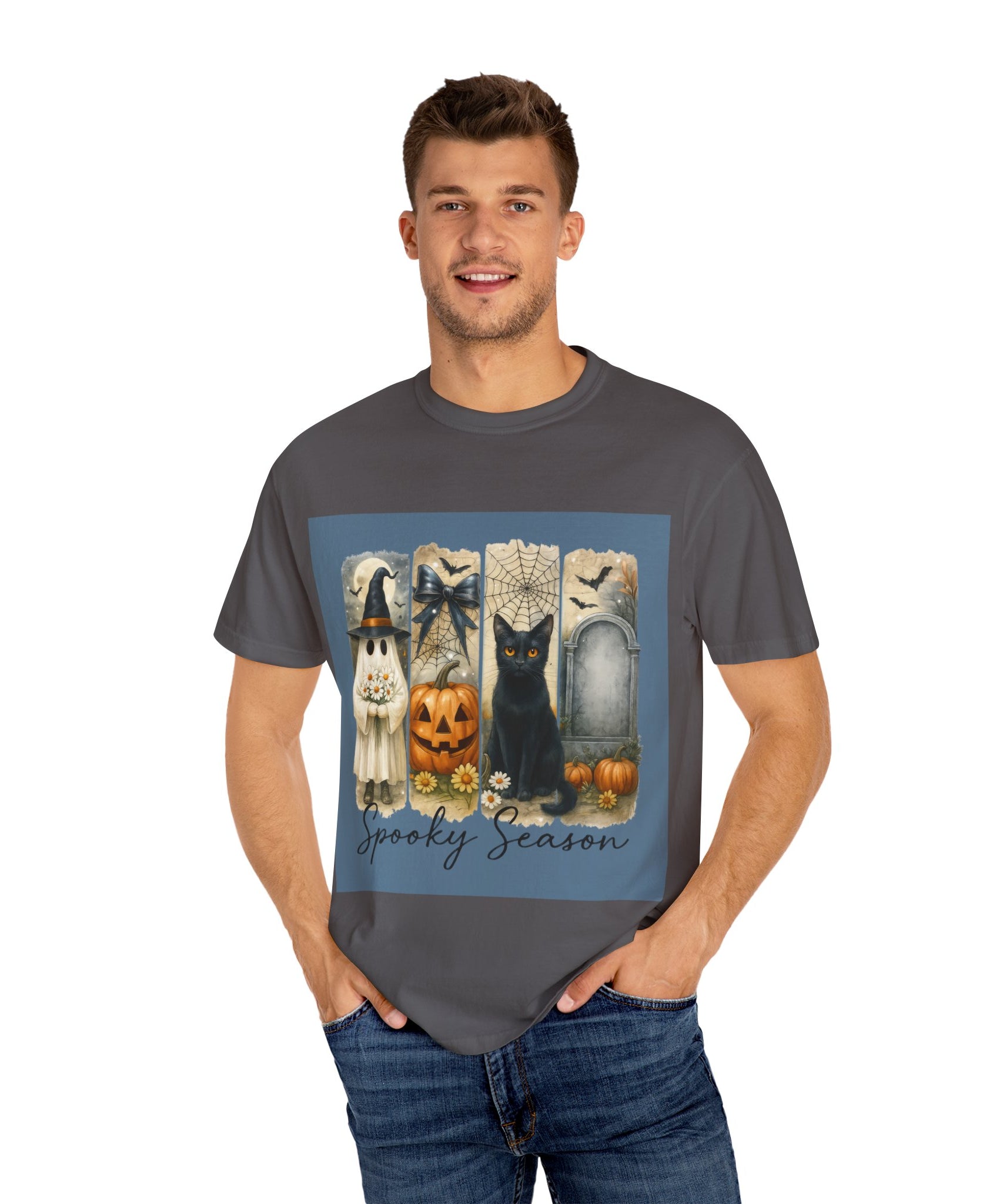 Spooky Season Halloween Unisex T-Shirt – Ghost, Black Cat & Pumpkin Design - Gallory Hive