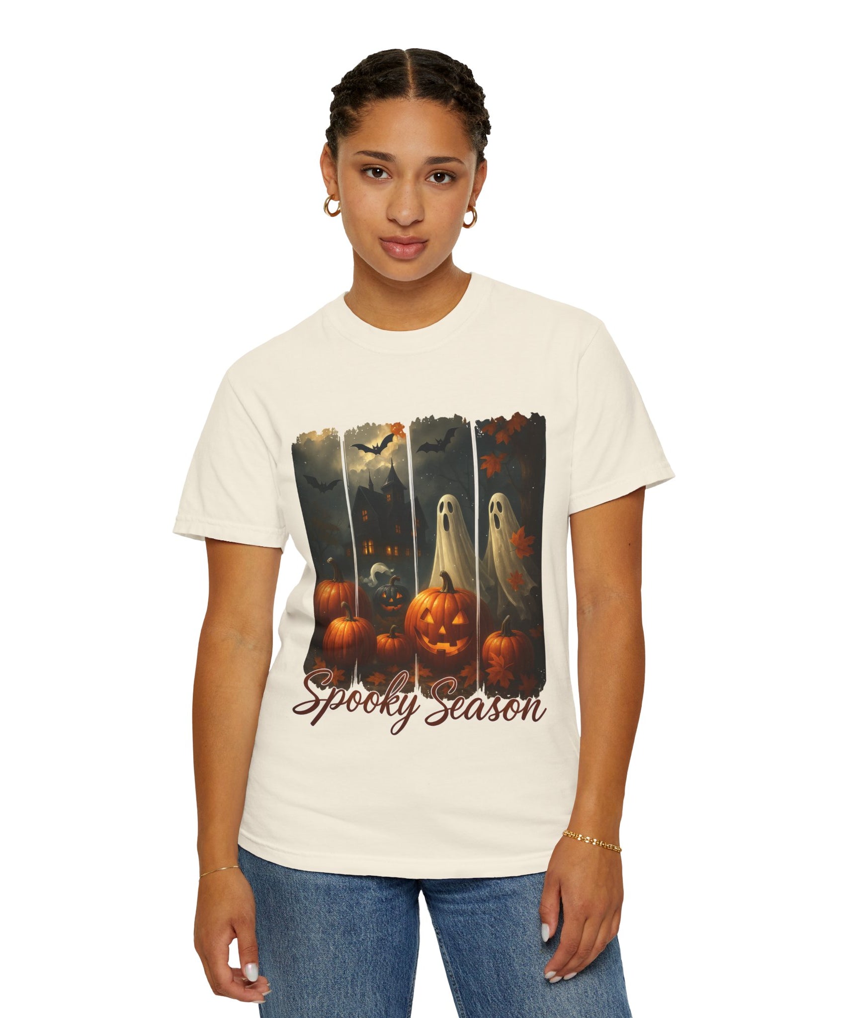 Spooky Season Unisex Halloween T-Shirt – Haunted House, Pumpkins & Ghosts Fall Design - Gallory Hive