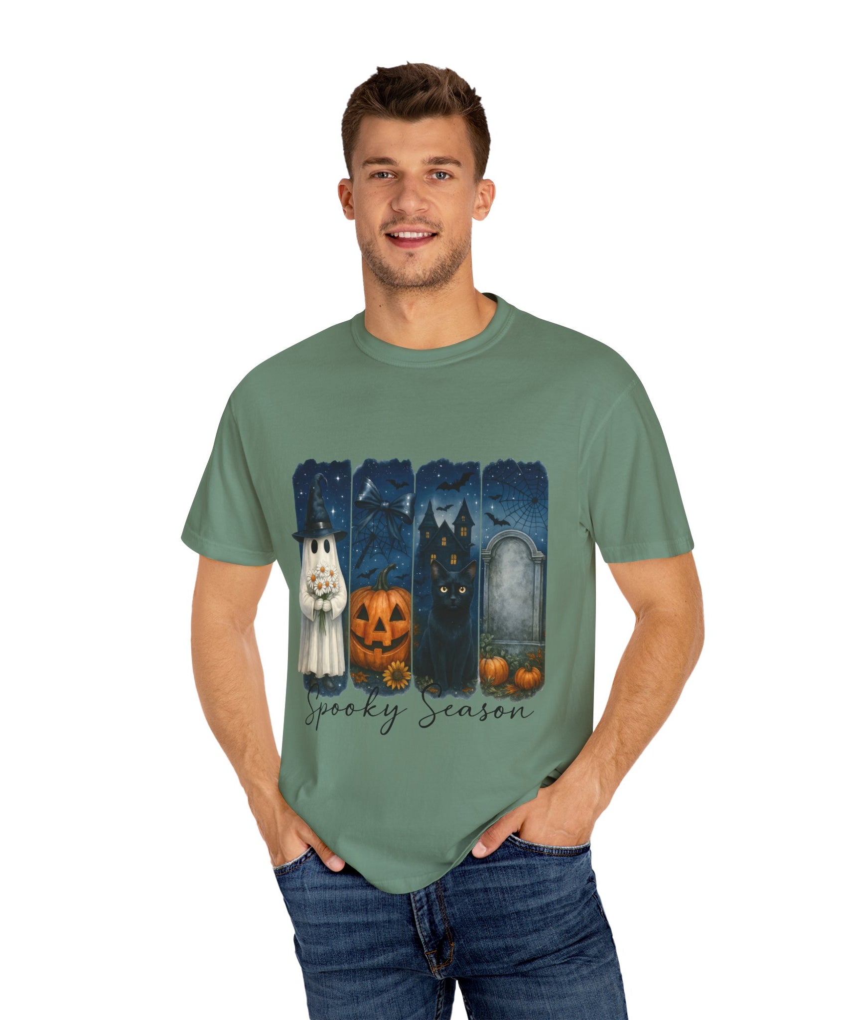 Spooky Season Halloween T-Shirt – Ghost, Black Cat, Pumpkin & Haunted House Design - Gallory Hive