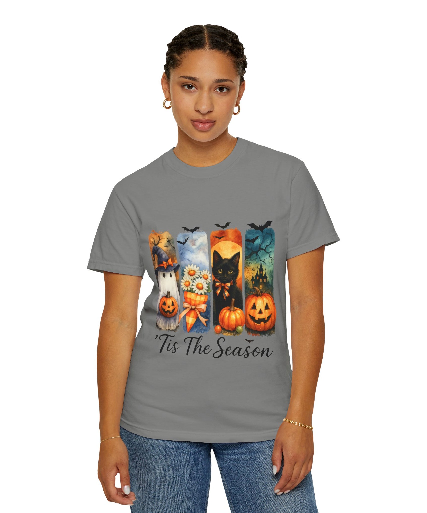 Whimsical Halloween T-Shirt – Ghost, Black Cat, Pumpkins & Haunted House Design - Gallory Hive