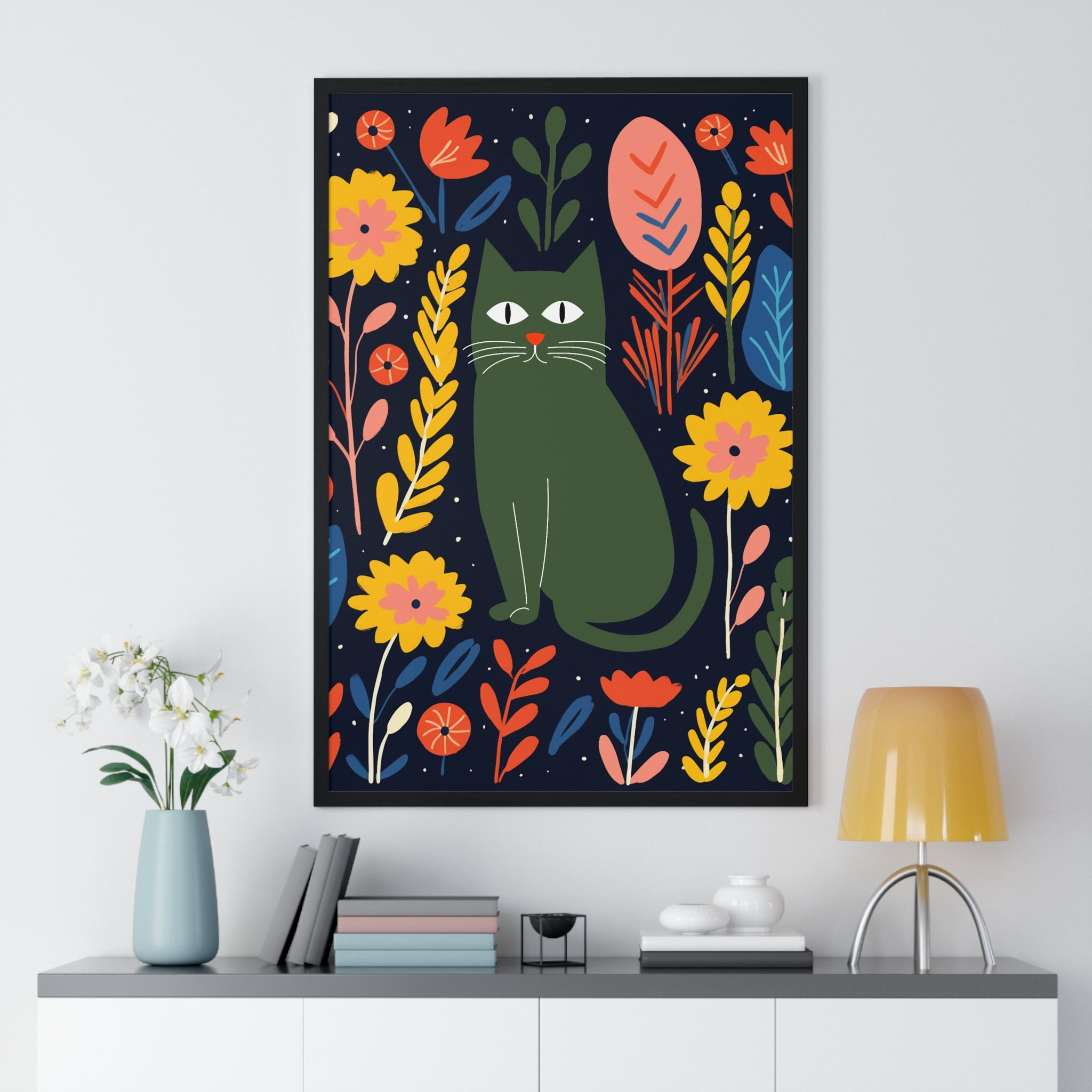 Green Cat & Floral Art – Premium Wooden Framed Poster with Bold Botanical Design