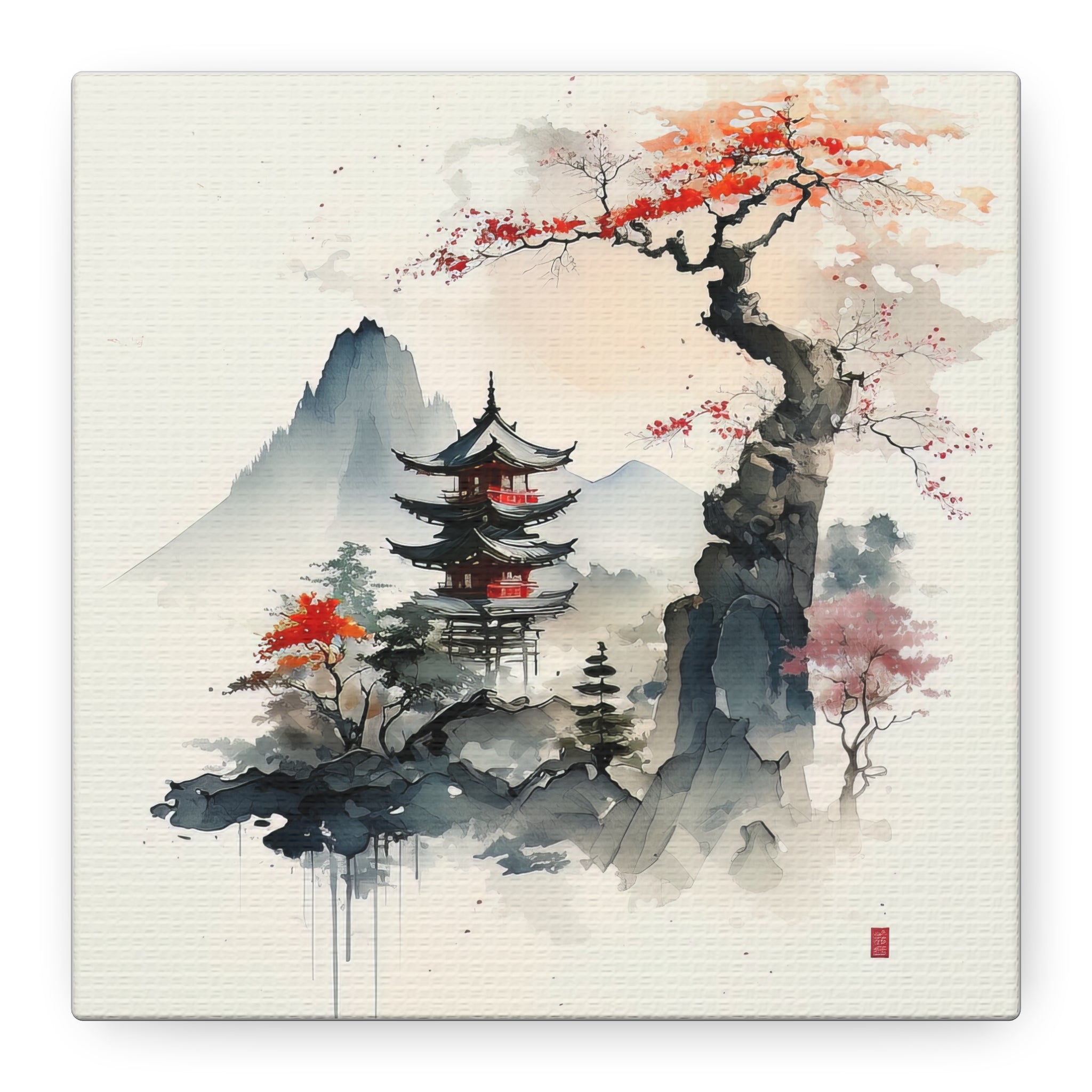 Mystic Pagoda in Autumn - Japanese Watercolor Landscape Wall Art, Floral Canvas Print, Asian-Inspired Home Decor - Gallory Hive