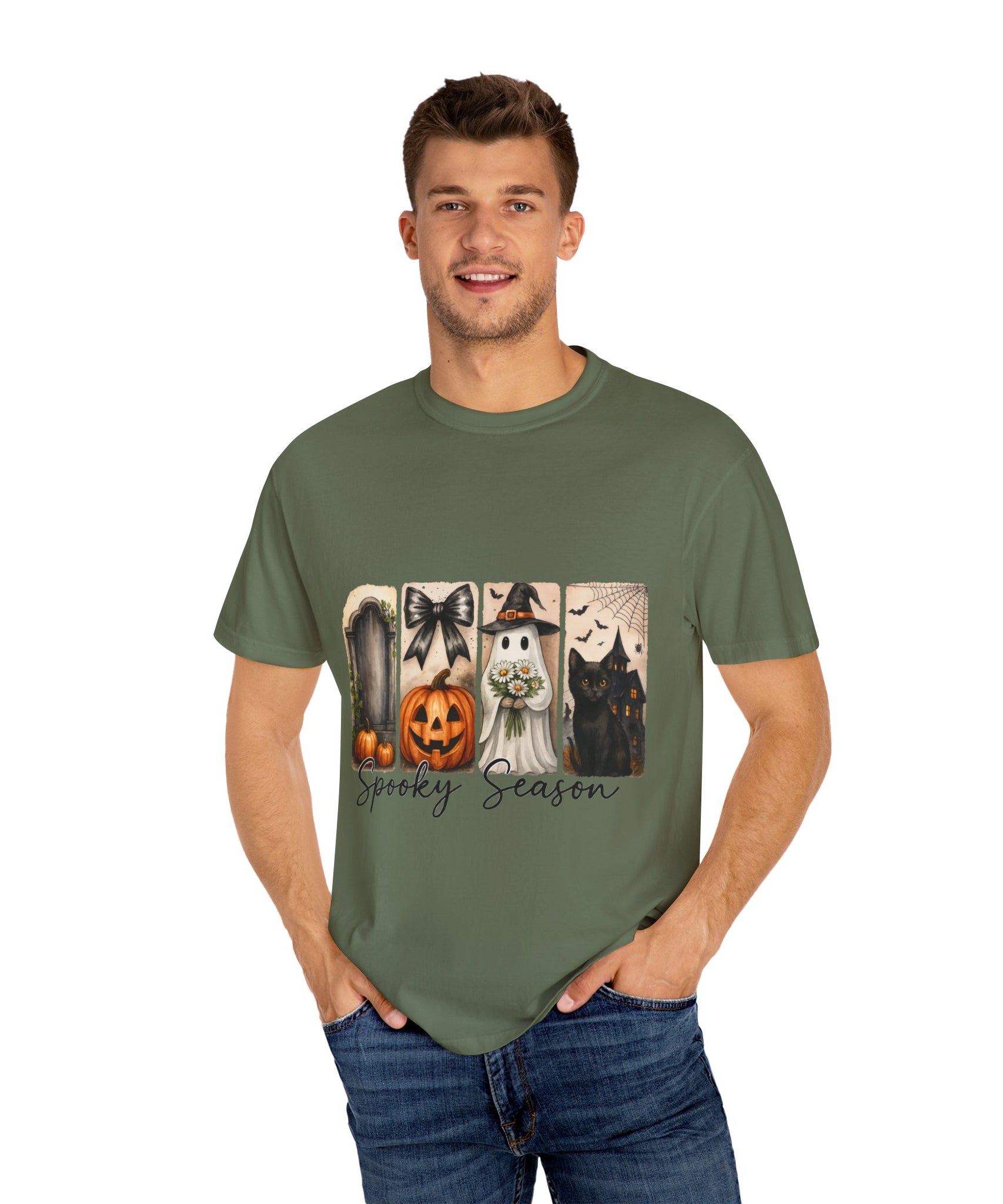 Spooky Season Unisex Halloween T-Shirt – Ghost, Black Cat, Pumpkin & Haunted House Art - Gallory Hive