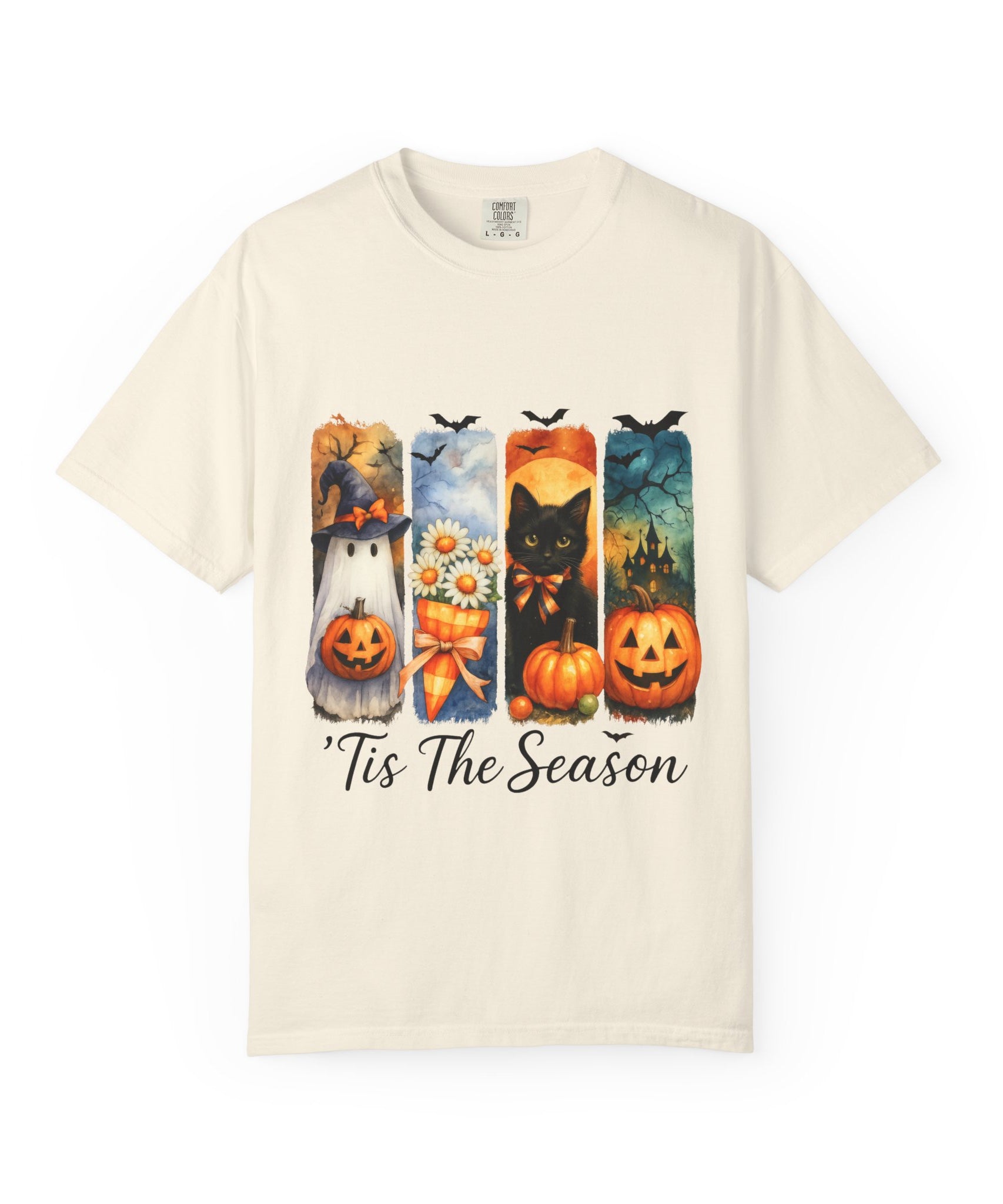 Whimsical Halloween T-Shirt – Ghost, Black Cat, Pumpkins & Haunted House Design - Gallory Hive