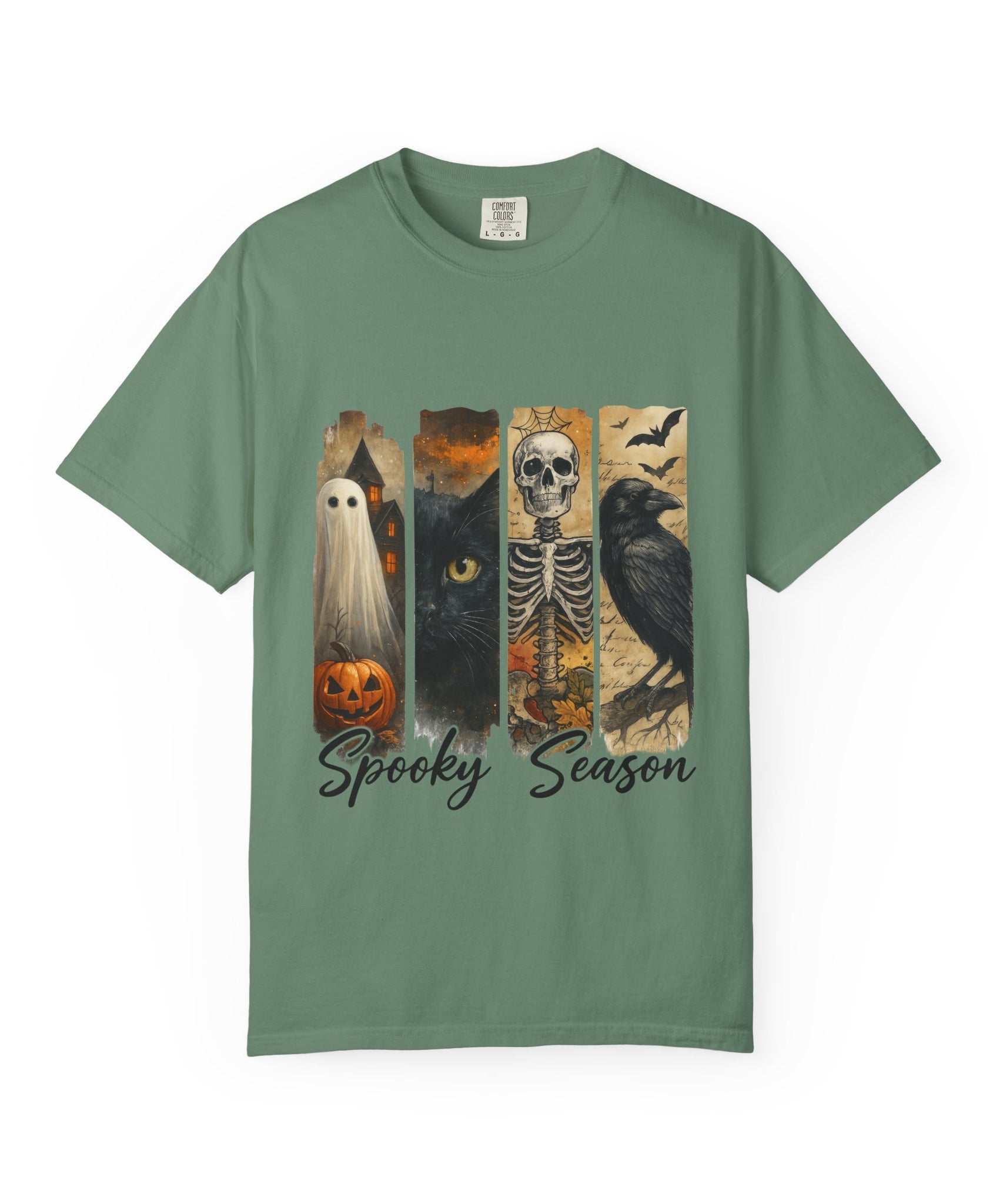 Spooky Season Gothic Halloween T-Shirt – Ghost, Black Cat, Skeleton & Raven Design