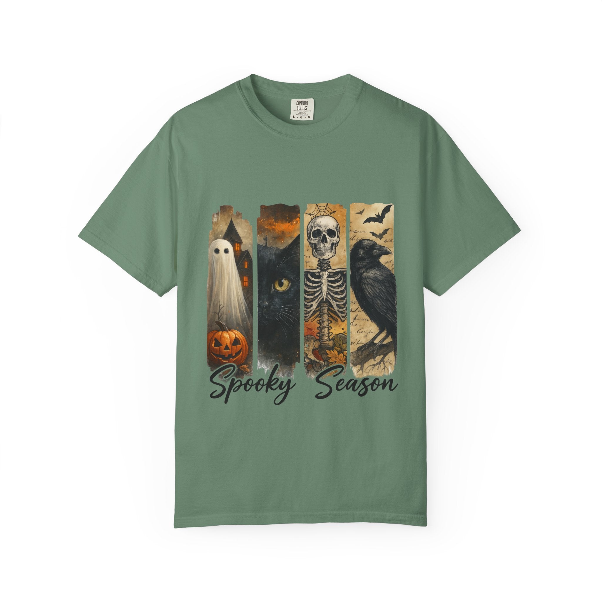 Spooky Season Gothic Halloween T-Shirt – Ghost, Black Cat, Skeleton & Raven Design