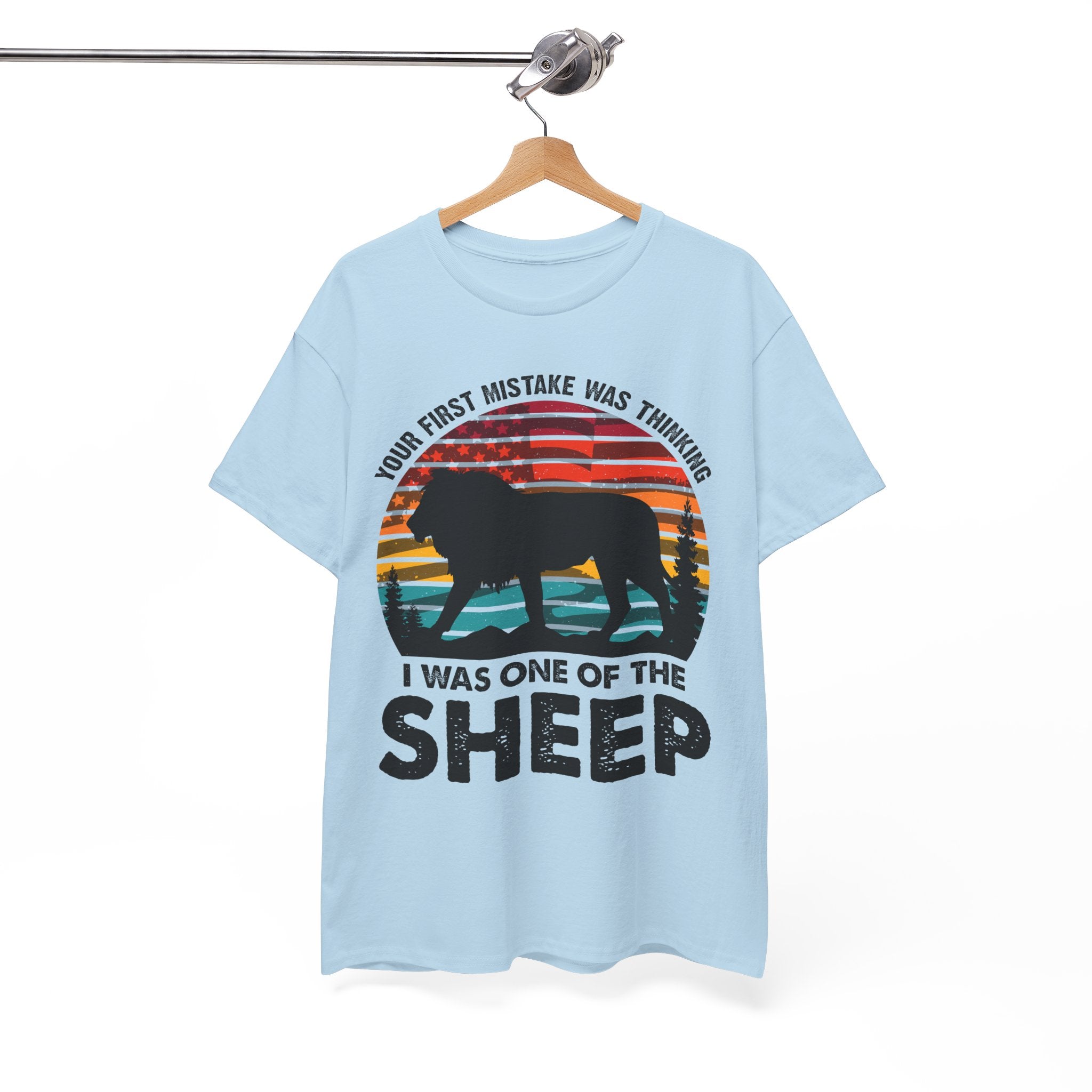 Bold Lion Tee with USA Flag Sunset