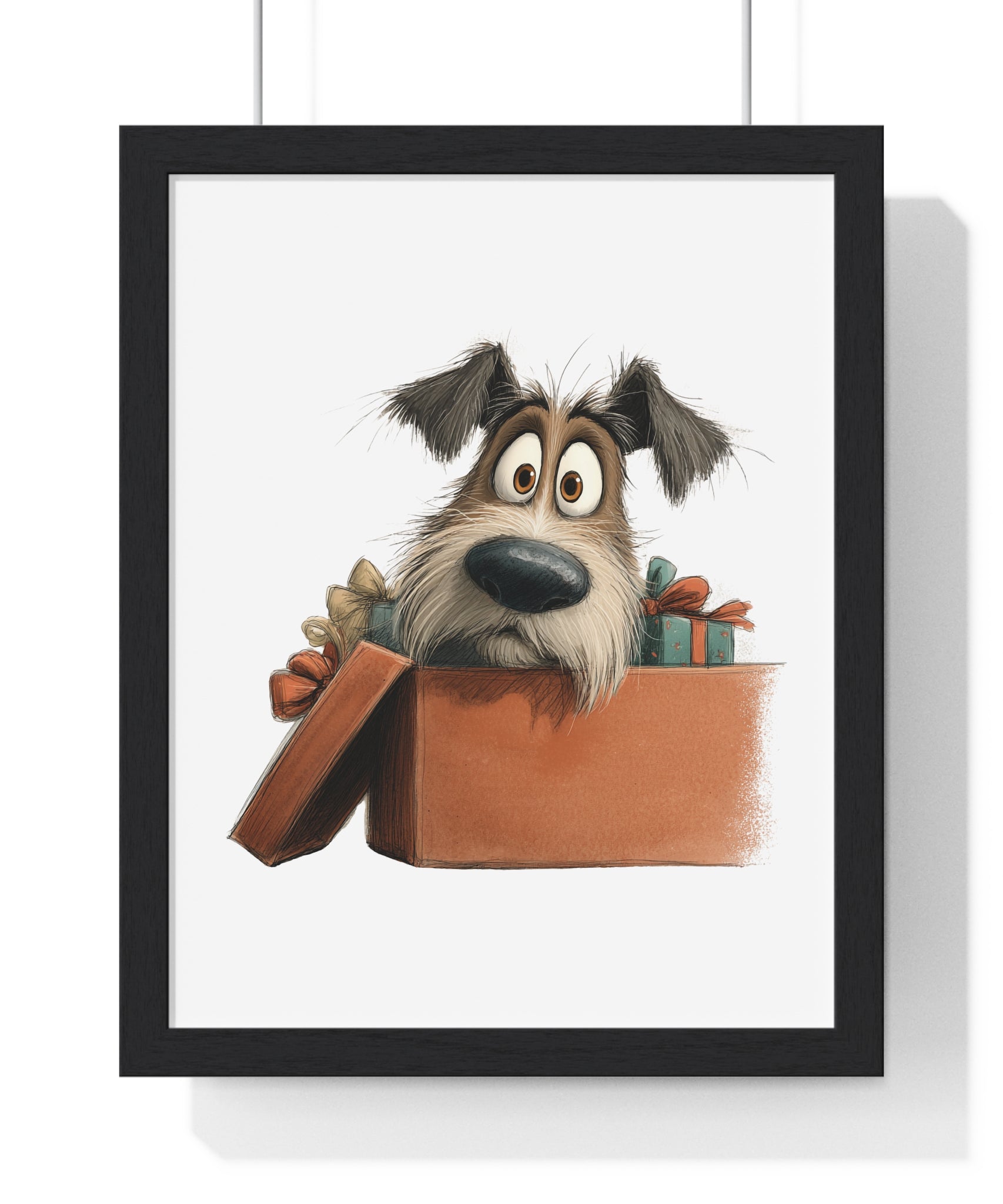 Surprised Dog in Gift Box – Wooden Framed Wall Décor