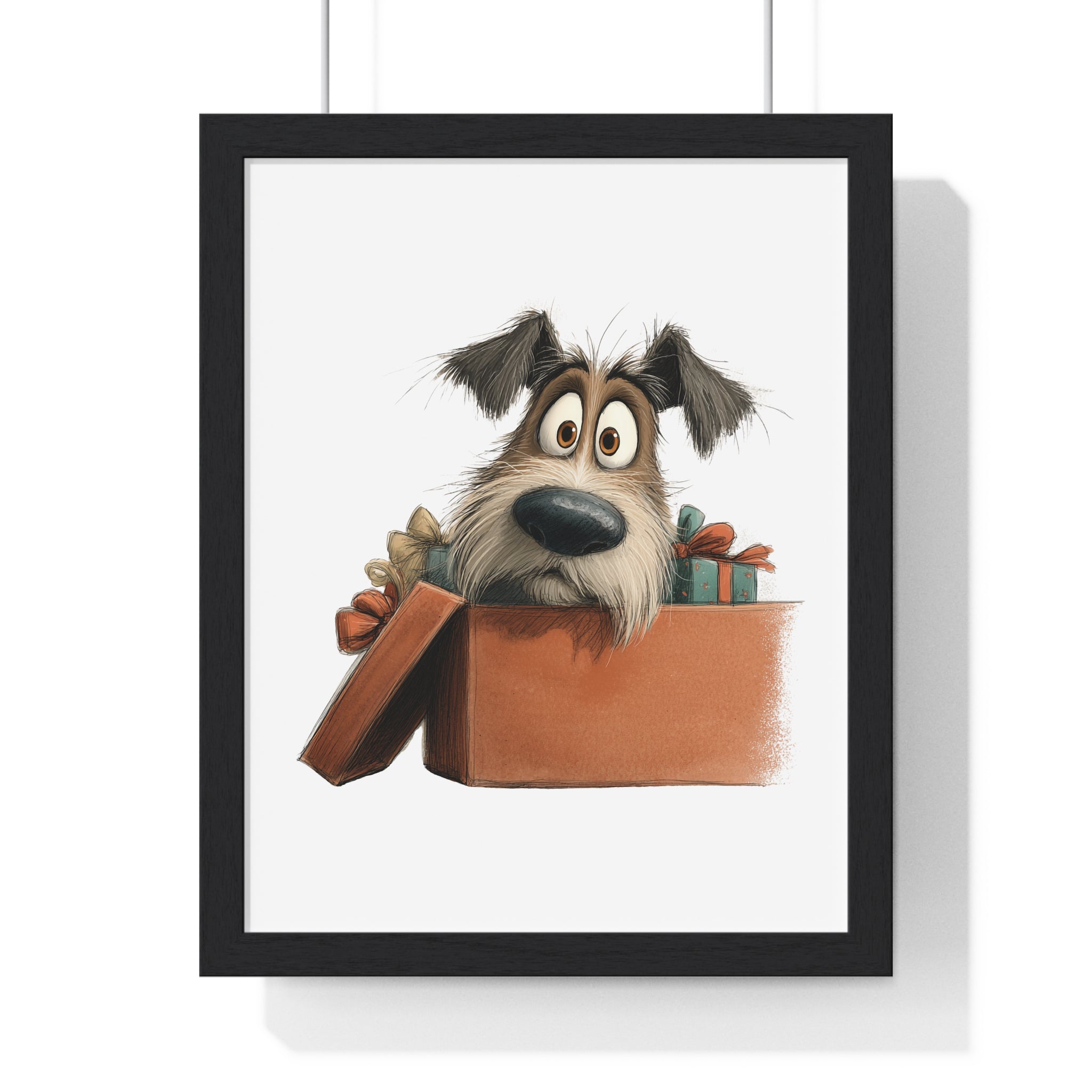 Surprised Dog in Gift Box – Wooden Framed Wall Décor