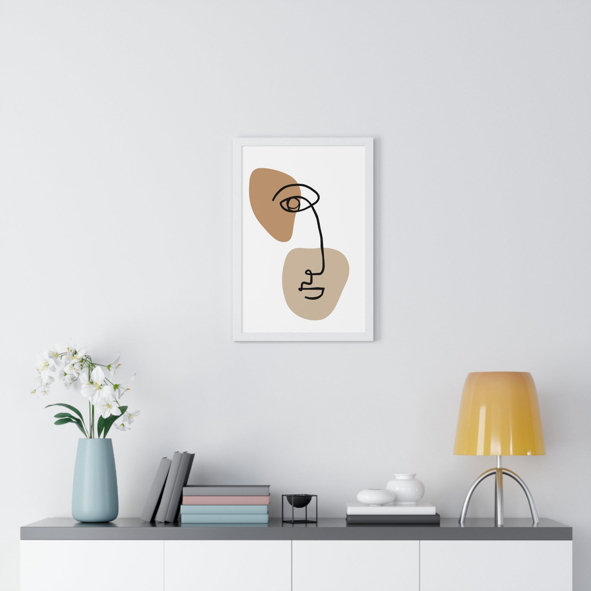 Abstract Face Line Drawing – Wood Frame Poster
