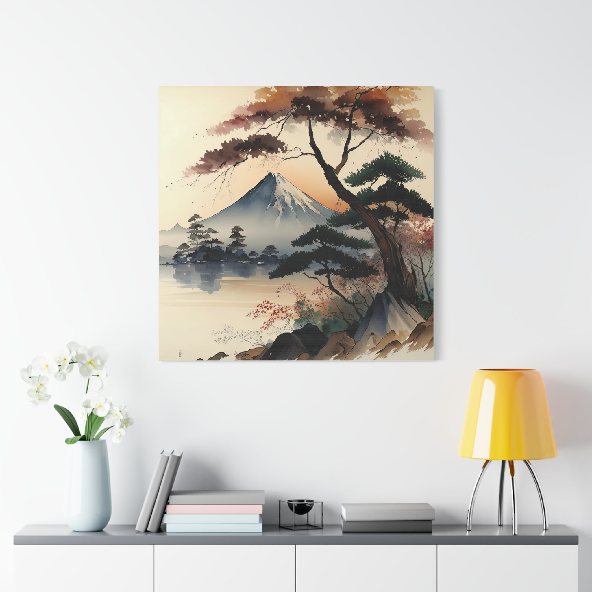 Tranquil Japanese Landscape - Watercolor Mountain & Lake Wall Art, Floral Canvas Print, Asian-Inspired Home Decor - Gallory Hive