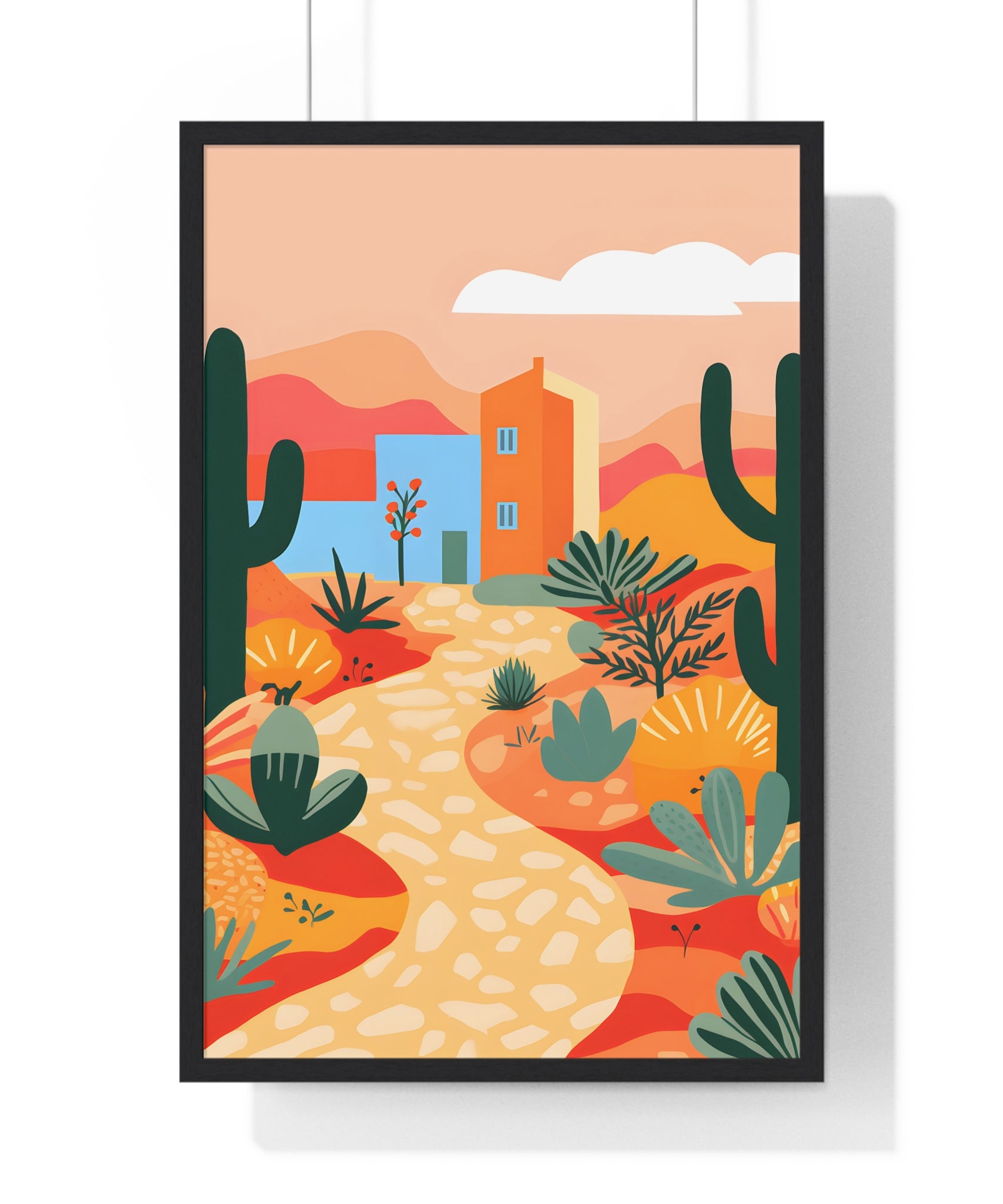 Desert Landscape Art – Premium Wooden Framed Poster with Cactus, Path & Sunset