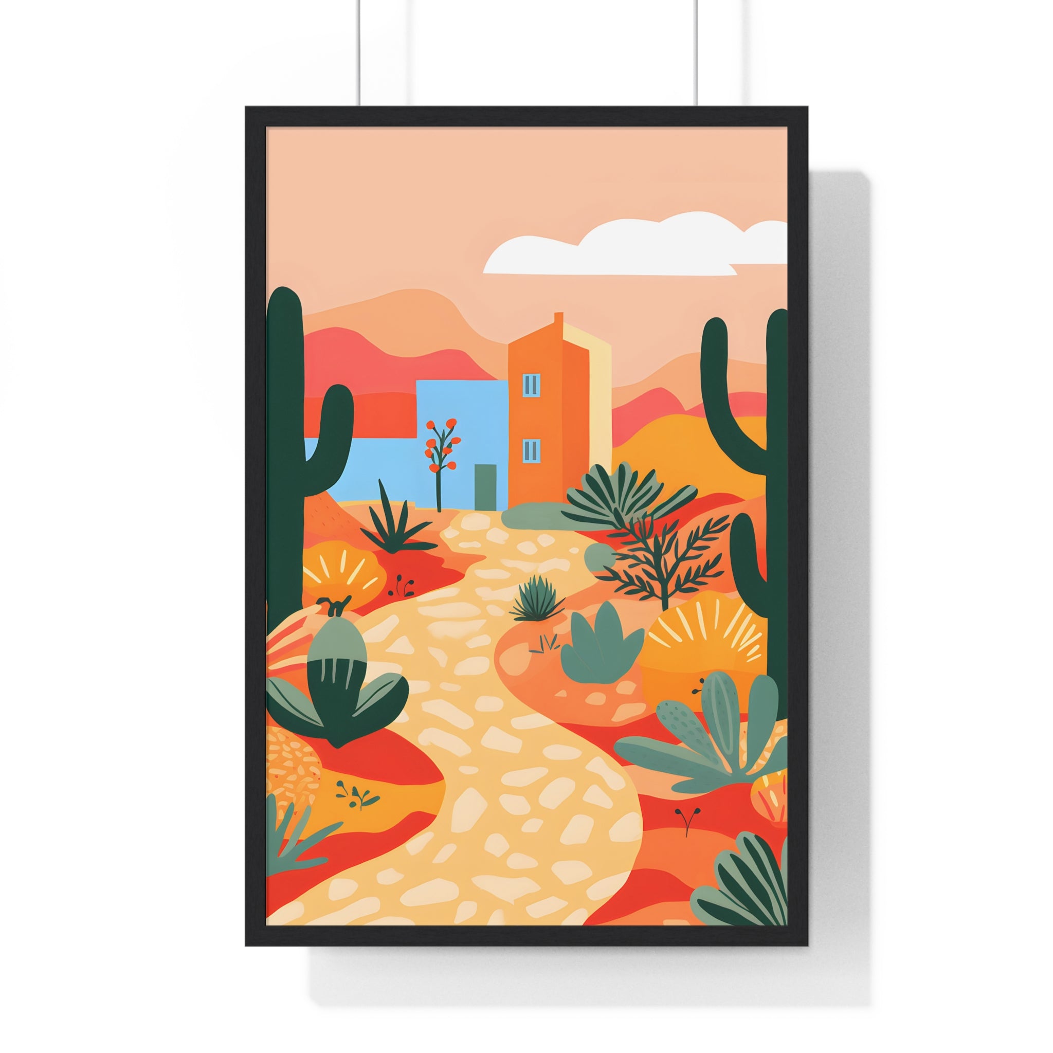 Desert Landscape Art – Premium Wooden Framed Poster with Cactus, Path & Sunset