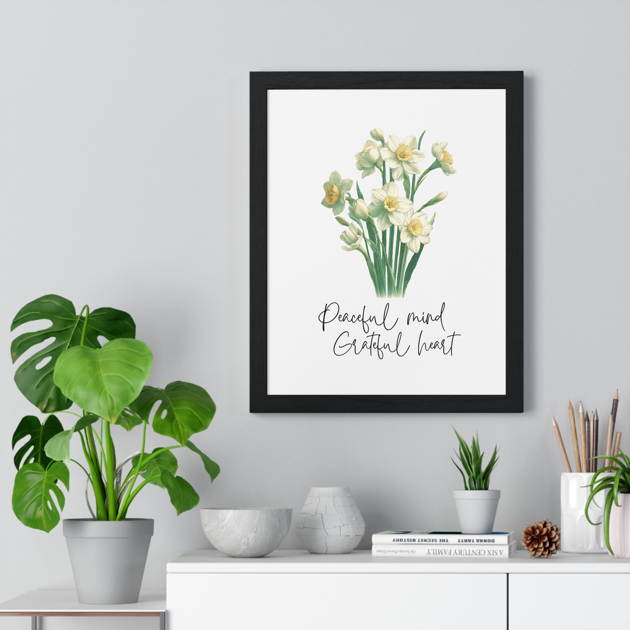 December Birth Month Flower Wall Art – Narcissus Illustration with Inspirational Quote in Wooden Frame | Peaceful Mind & Grateful Heart