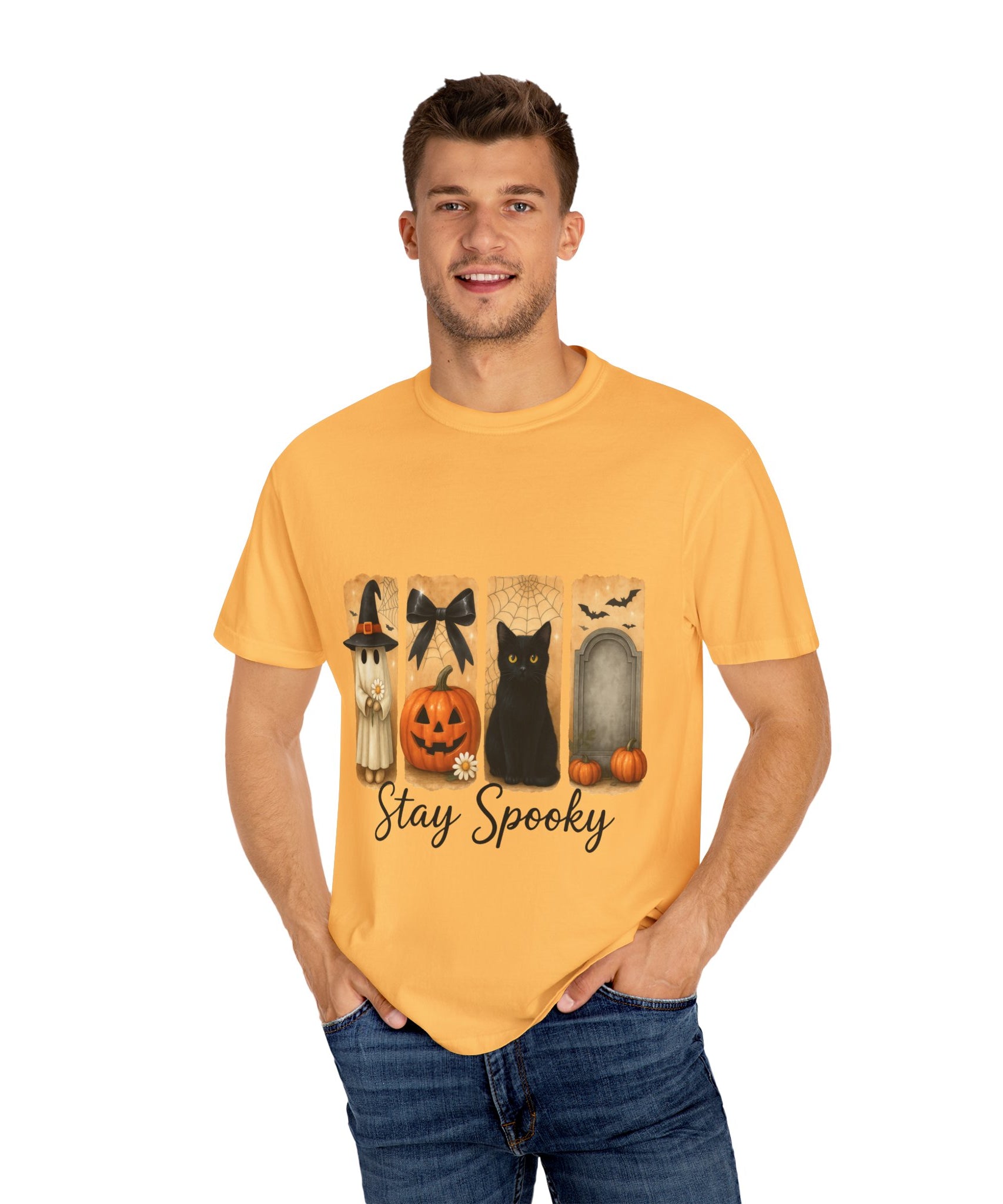 Cute Halloween T-Shirt – Ghost in Witch Hat, Pumpkin, Black Cat & Tombstone Design - Gallory Hive