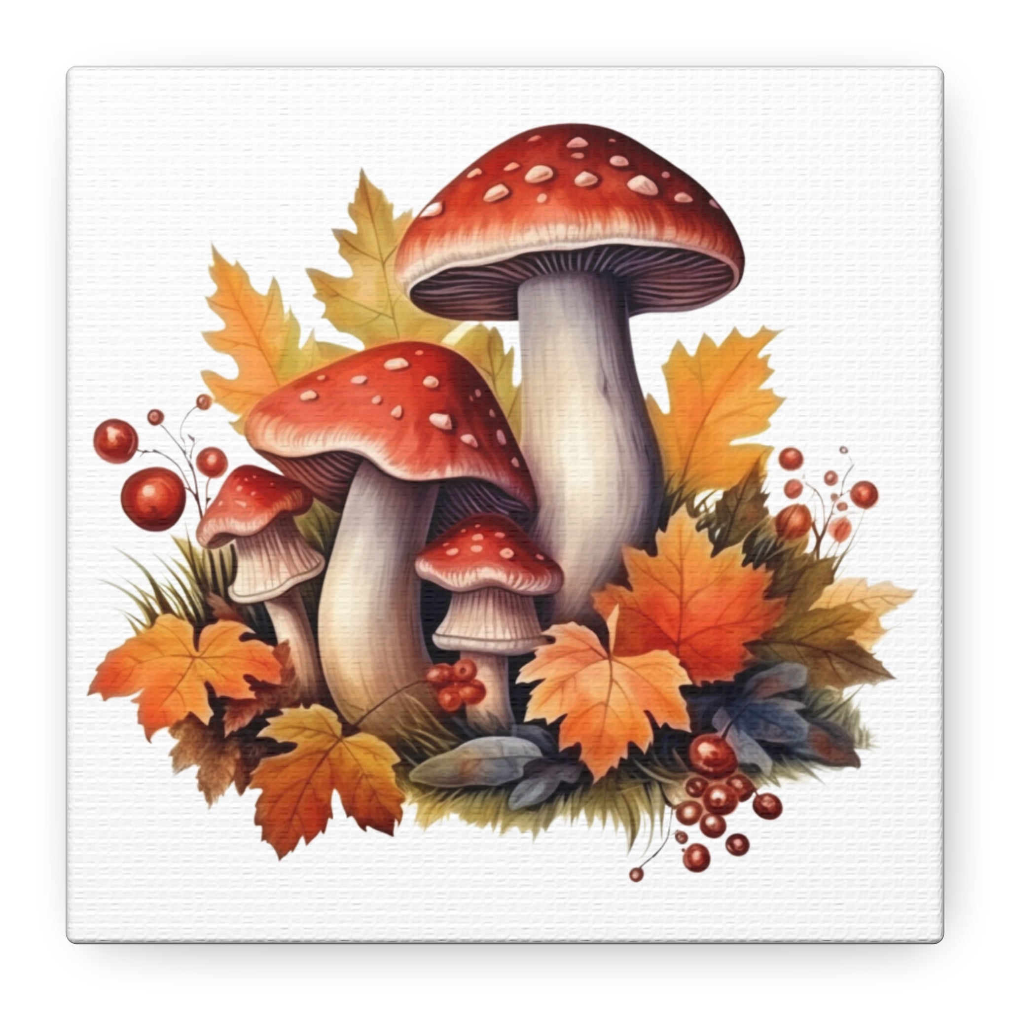 Crimson Grove – Autumn Mushrooms & Foliage Illustration on Floral Canvas Wall Art