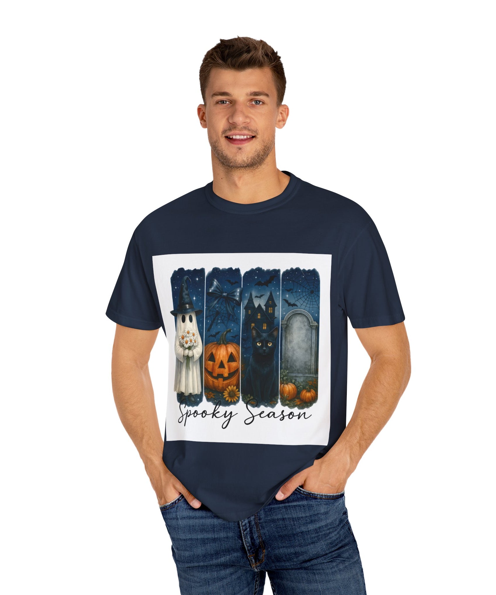 Spooky Season Halloween T-Shirt – Ghost, Black Cat, Pumpkin & Haunted House Design - Gallory Hive