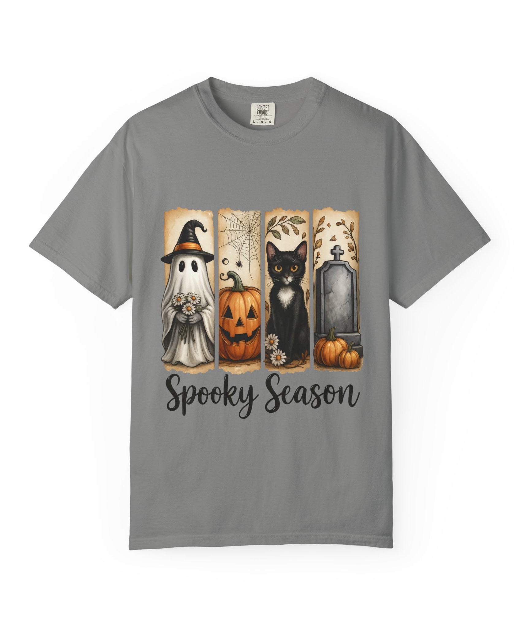 Spooky Season Halloween Unisex T-Shirt – Ghost, Cat & Pumpkin Design - Gallory Hive