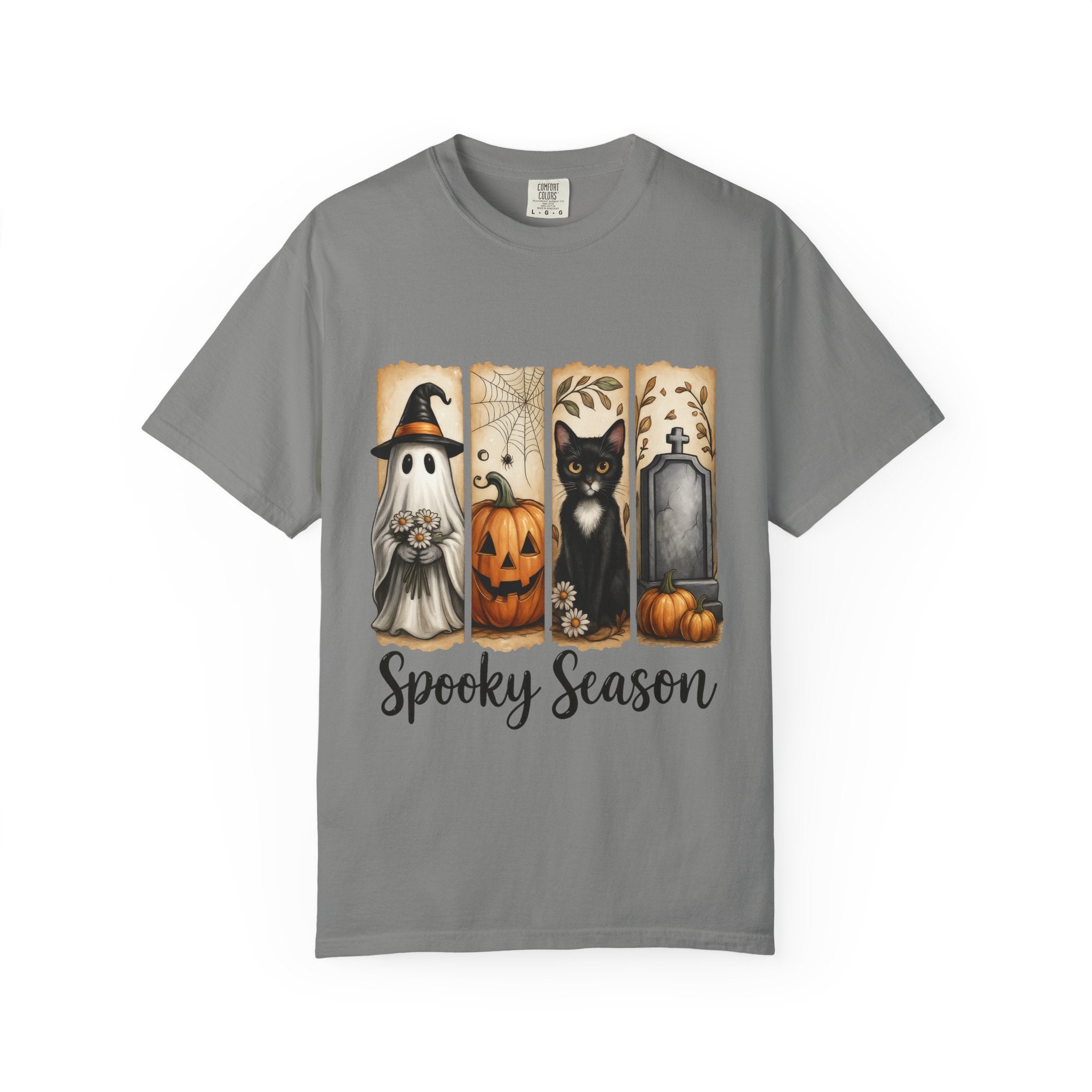 Spooky Season Halloween Unisex T-Shirt – Ghost, Cat & Pumpkin Design - Gallory Hive