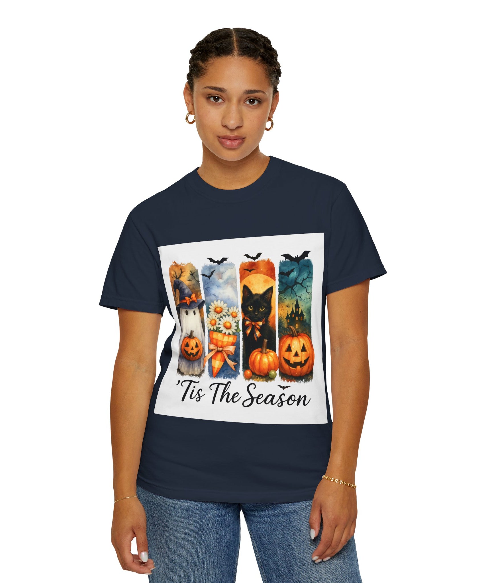 Whimsical Halloween T-Shirt – Ghost, Black Cat, Pumpkins & Haunted House Design - Gallory Hive