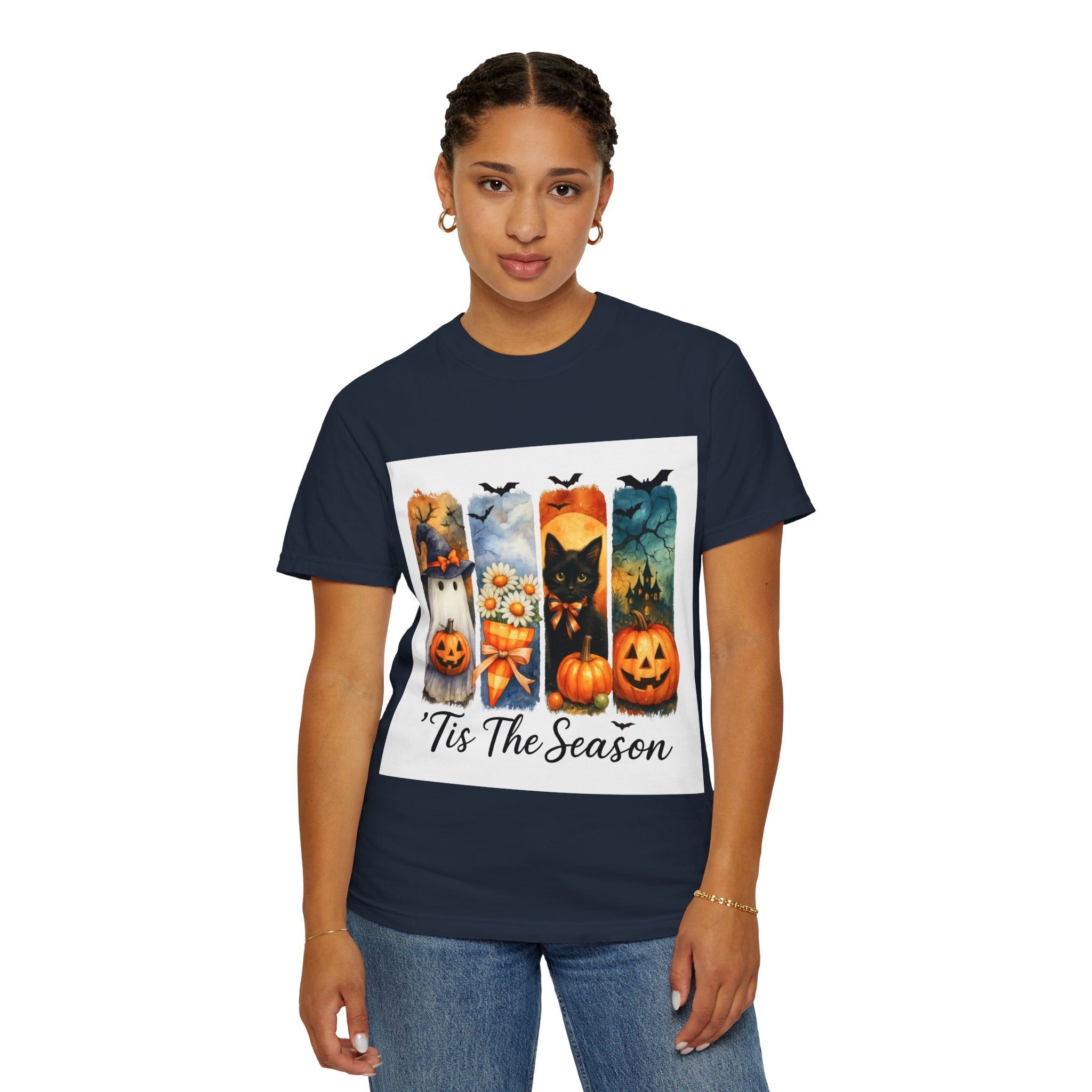 Whimsical Halloween T-Shirt – Ghost, Black Cat, Pumpkins & Haunted House Design - Gallory Hive