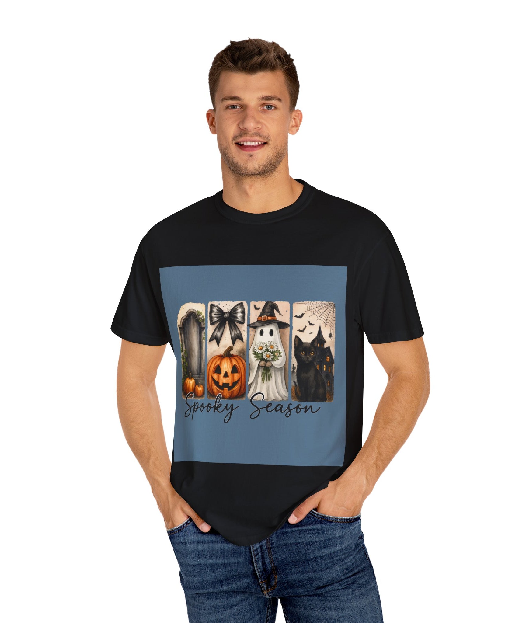 Spooky Season Unisex Halloween T-Shirt – Ghost, Black Cat, Pumpkin & Haunted House Art - Gallory Hive