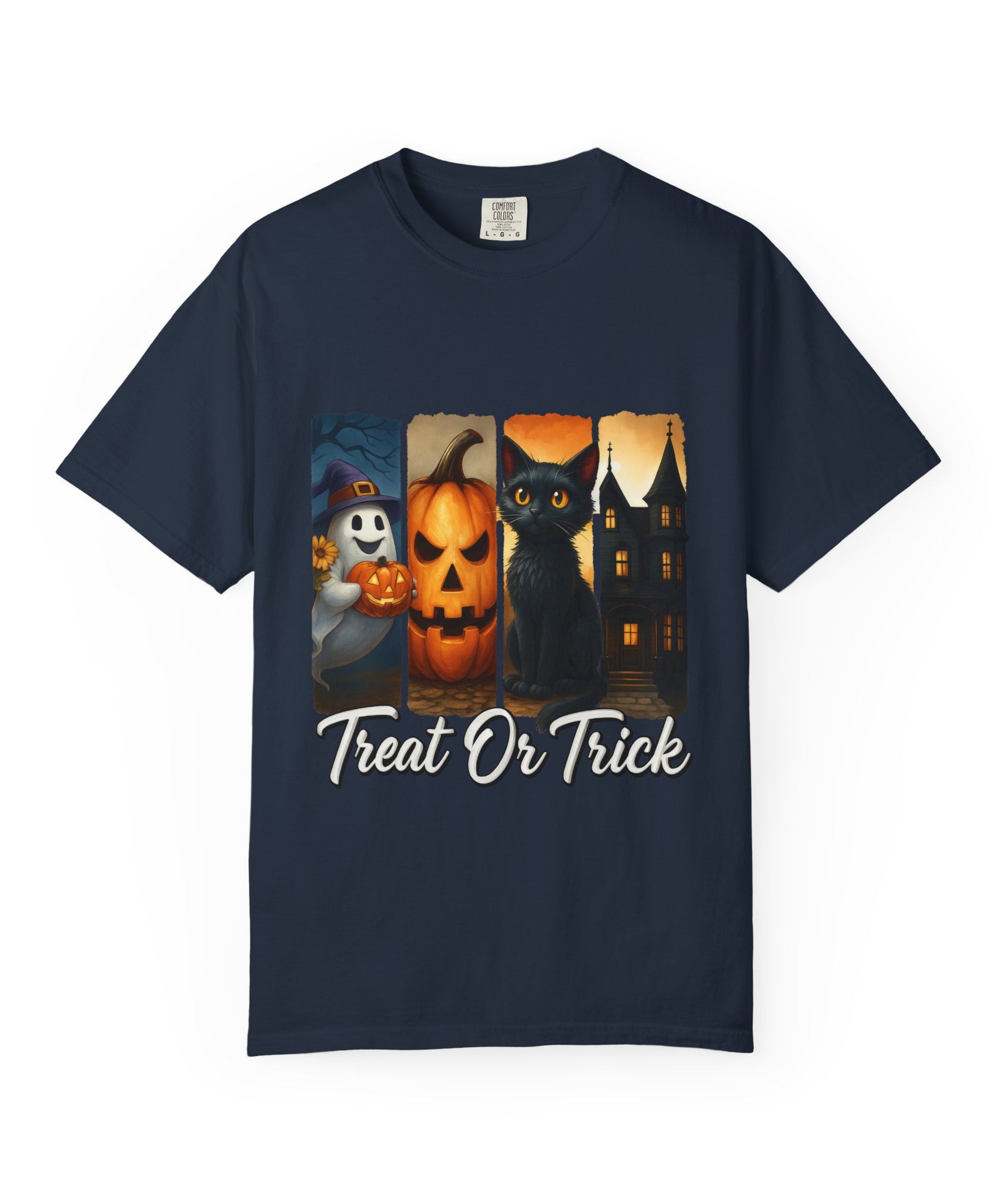 Treat Or Trick Halloween T-Shirt – Cute Ghost, Pumpkin, Black Cat & Haunted House Design - Gallory Hive