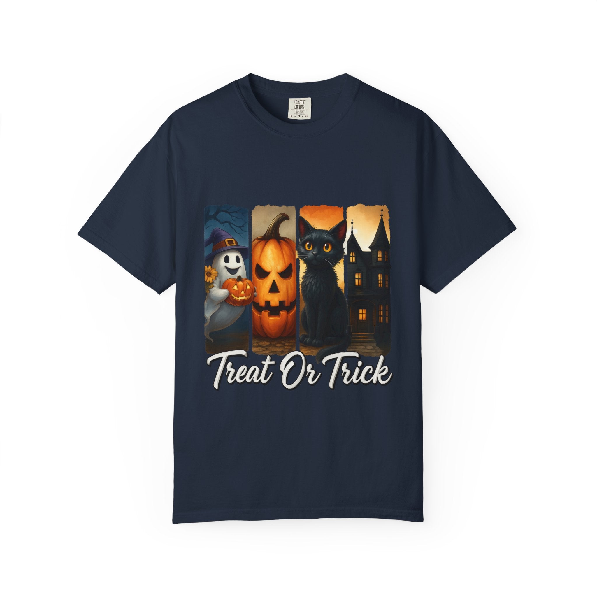 Treat Or Trick Halloween T-Shirt – Cute Ghost, Pumpkin, Black Cat & Haunted House Design - Gallory Hive