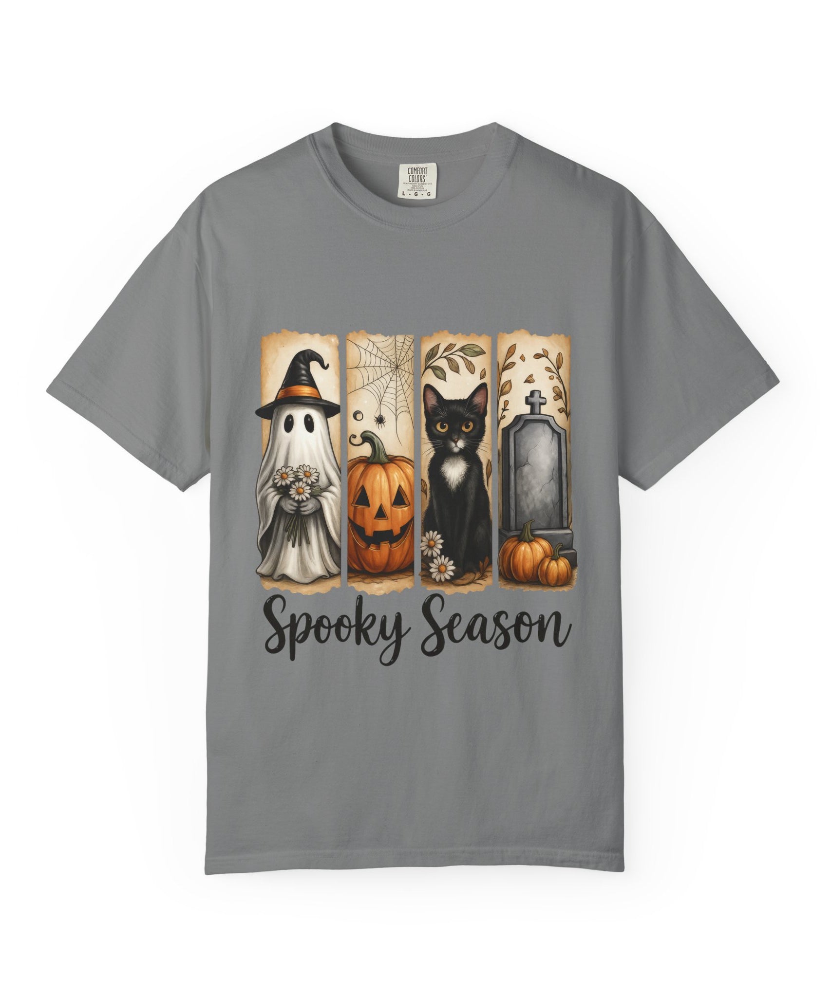 Spooky Season Halloween Unisex T-Shirt – Ghost, Cat & Pumpkin Design