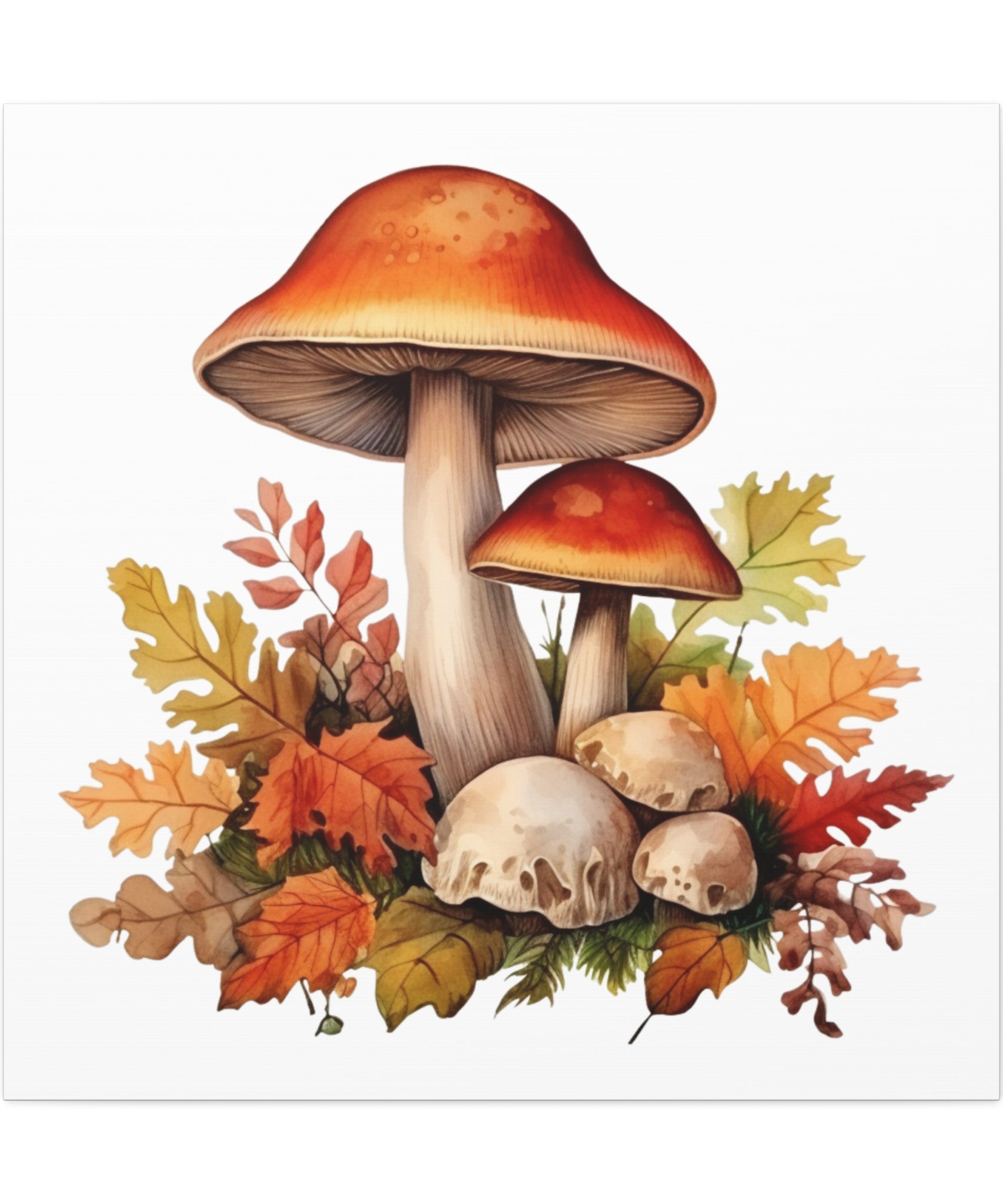 Forest Harvest – Autumn Mushrooms & Leaves Illustration on Floral Canvas Wall Art