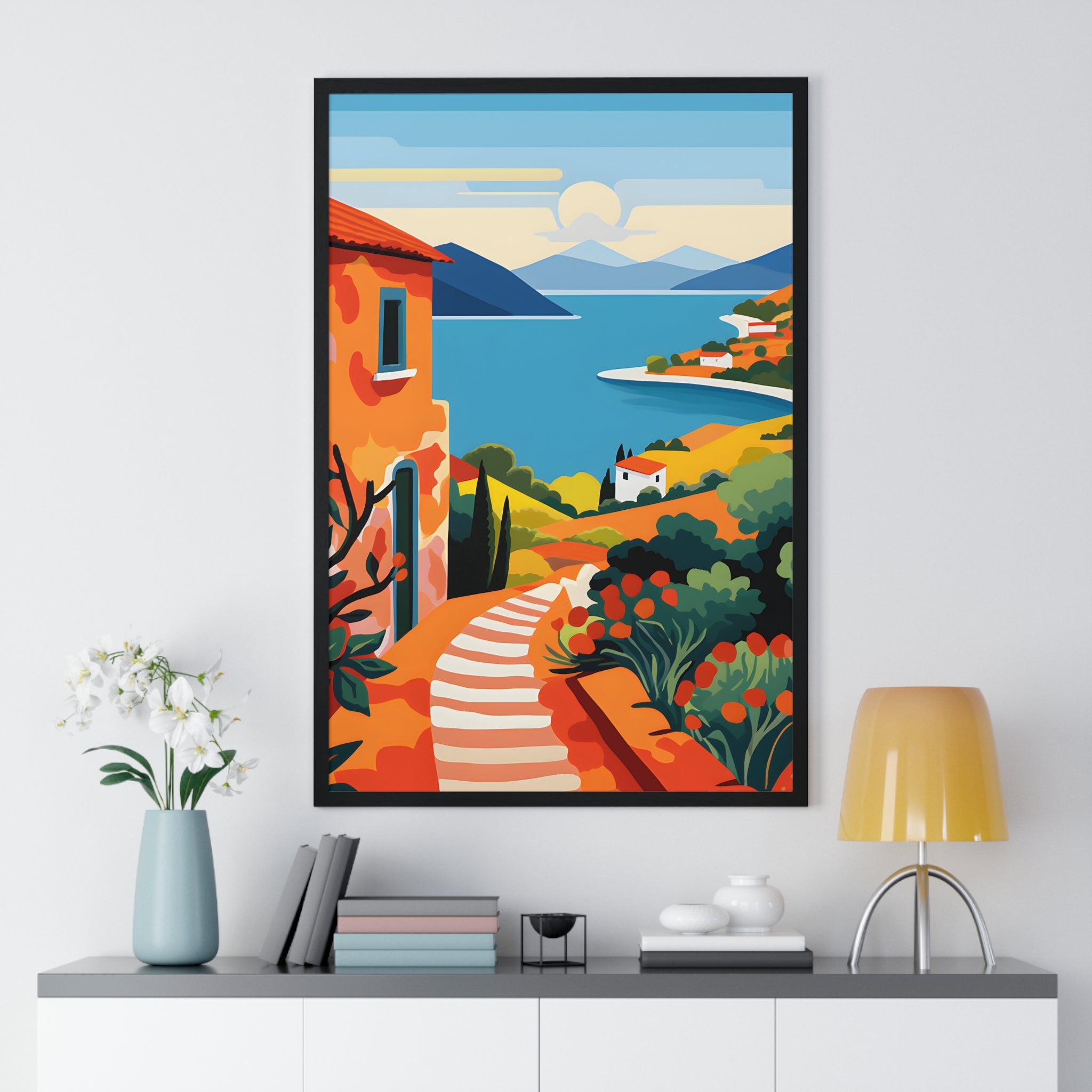 Mediterranean Landscape Art – Premium Wooden Framed Poster with Path & Sea View