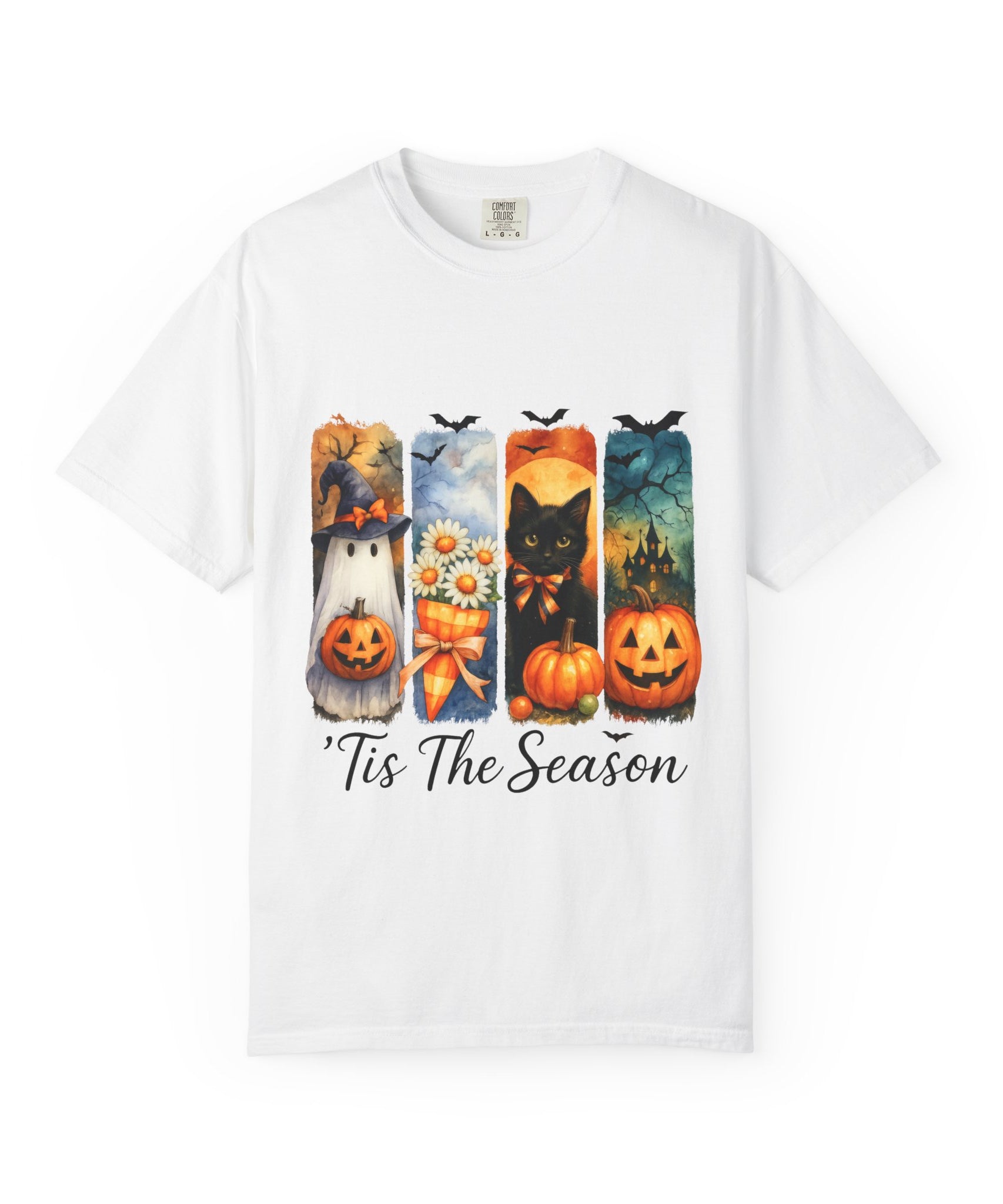 Whimsical Halloween T-Shirt – Ghost, Black Cat, Pumpkins & Haunted House Design - Gallory Hive