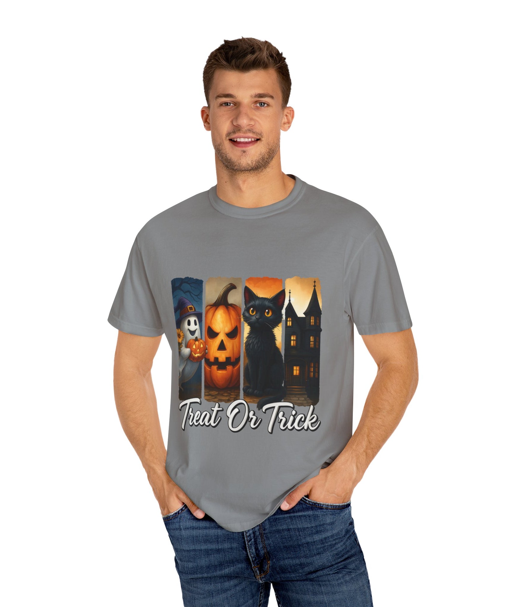Treat Or Trick Halloween T-Shirt – Cute Ghost, Pumpkin, Black Cat & Haunted House Design - Gallory Hive