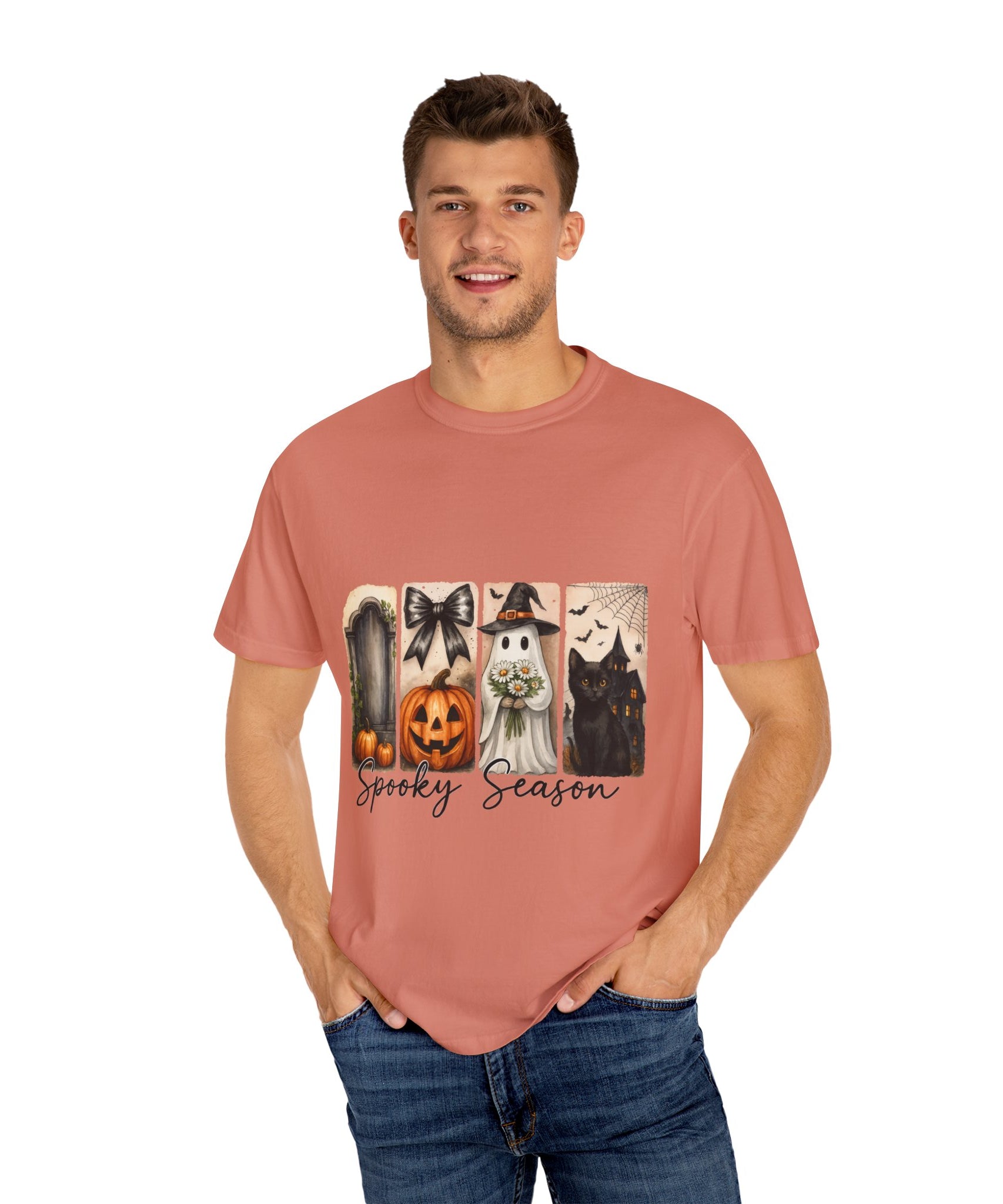 Spooky Season Unisex Halloween T-Shirt – Ghost, Black Cat, Pumpkin & Haunted House Art - Gallory Hive