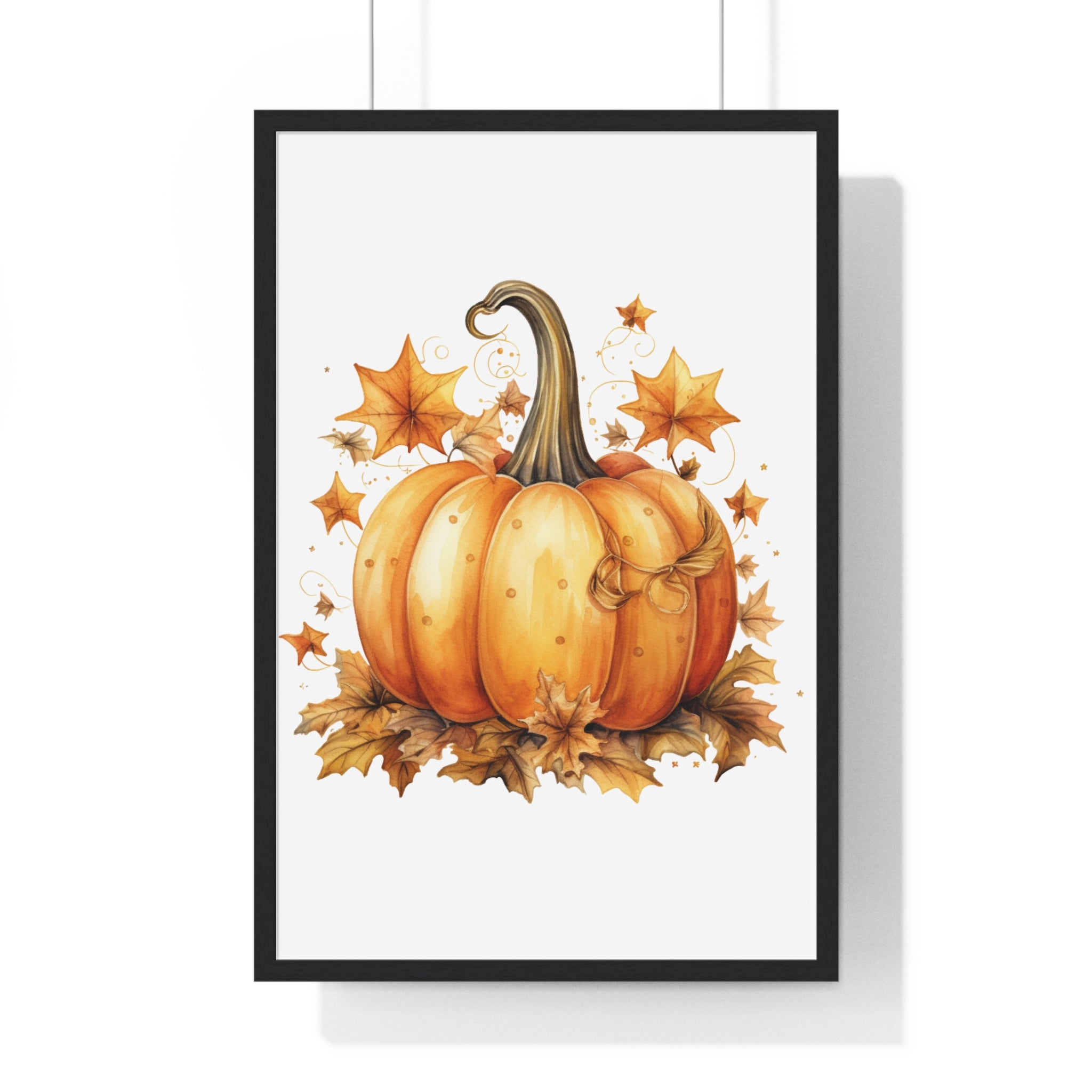 Decorative Autumn Pumpkin Wall Art – Bow-Tied Harvest Poster with Leaves & Swirls | Wooden Frame Fall Decor