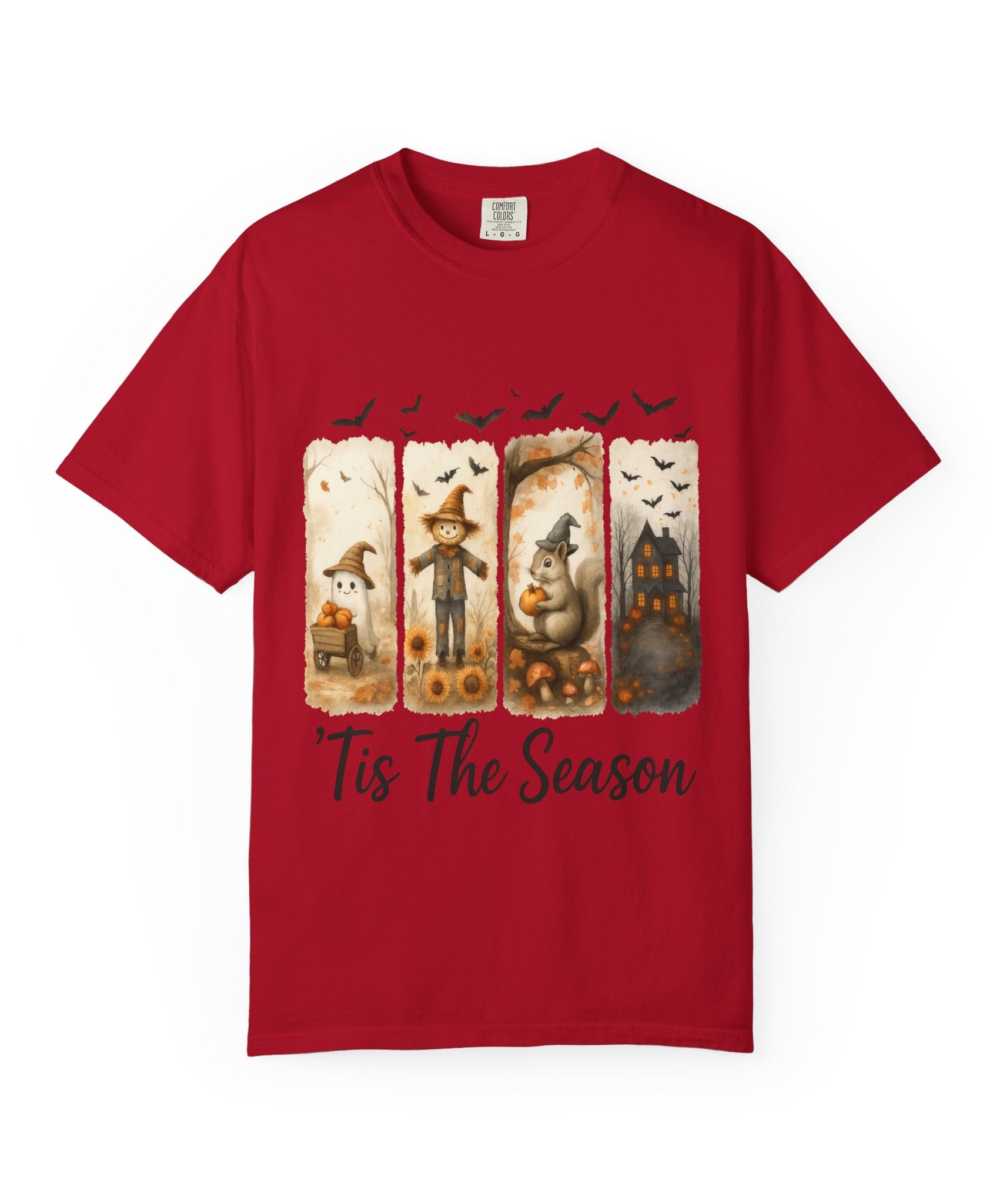 Tis The Season Fall Halloween T-Shirt – Cute Ghost, Scarecrow, Squirrel & Haunted House Design - Gallory Hive