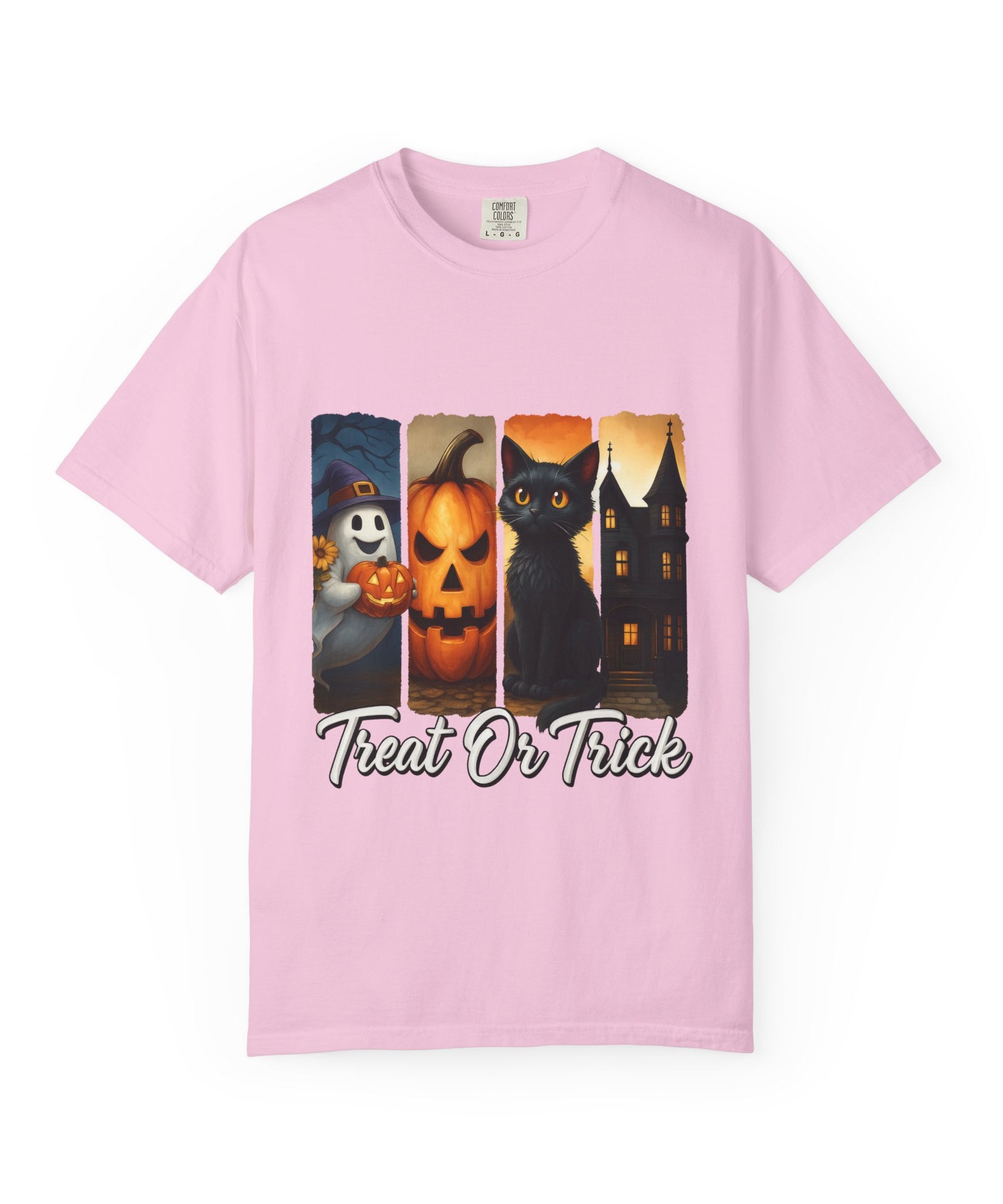 Treat Or Trick Halloween T-Shirt – Cute Ghost, Pumpkin, Black Cat & Haunted House Design - Gallory Hive